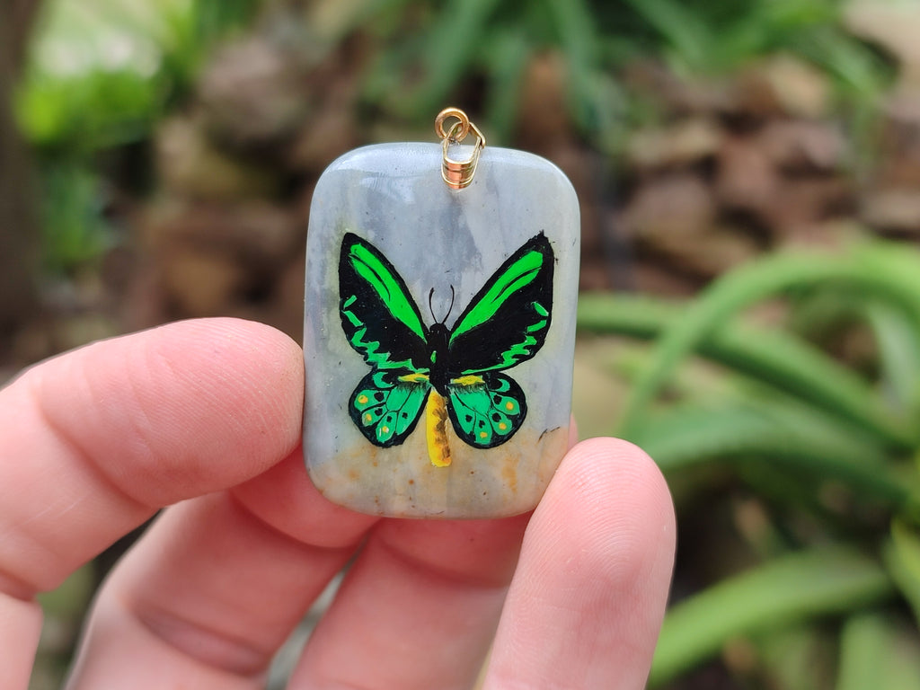 Polished Polychrome Jasper Pendant with Hand Painted Butterflies - sold per item - From Madagascar - Toprock Gemstones and Minerals 