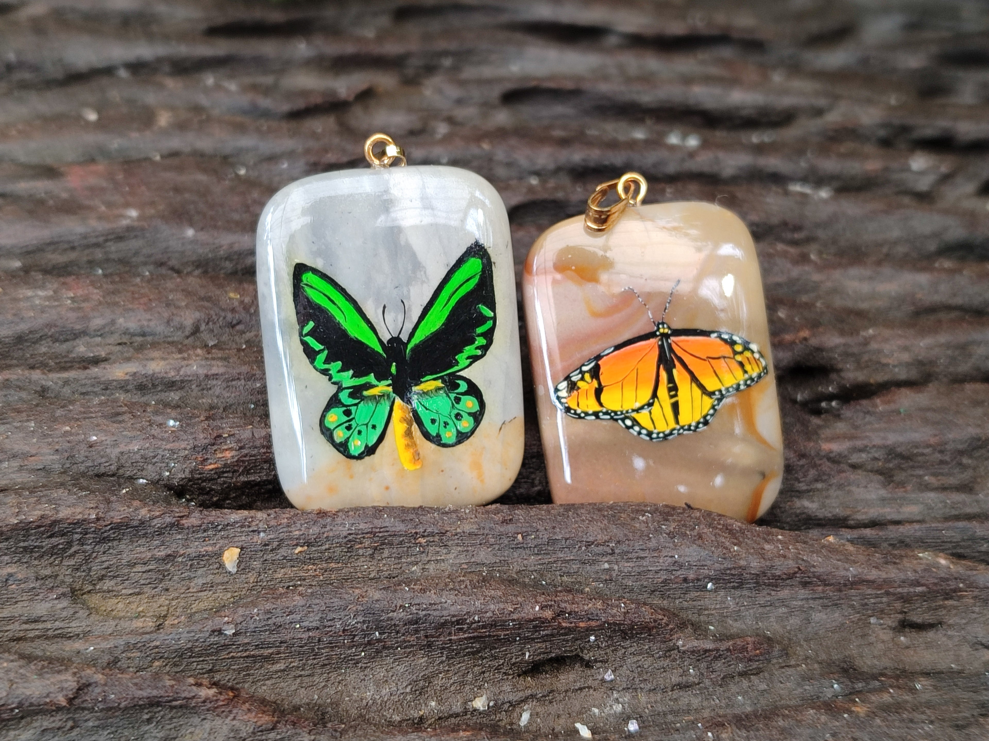Polished Polychrome Jasper Pendant with Hand Painted Butterflies - sold per item - From Madagascar - Toprock Gemstones and Minerals 