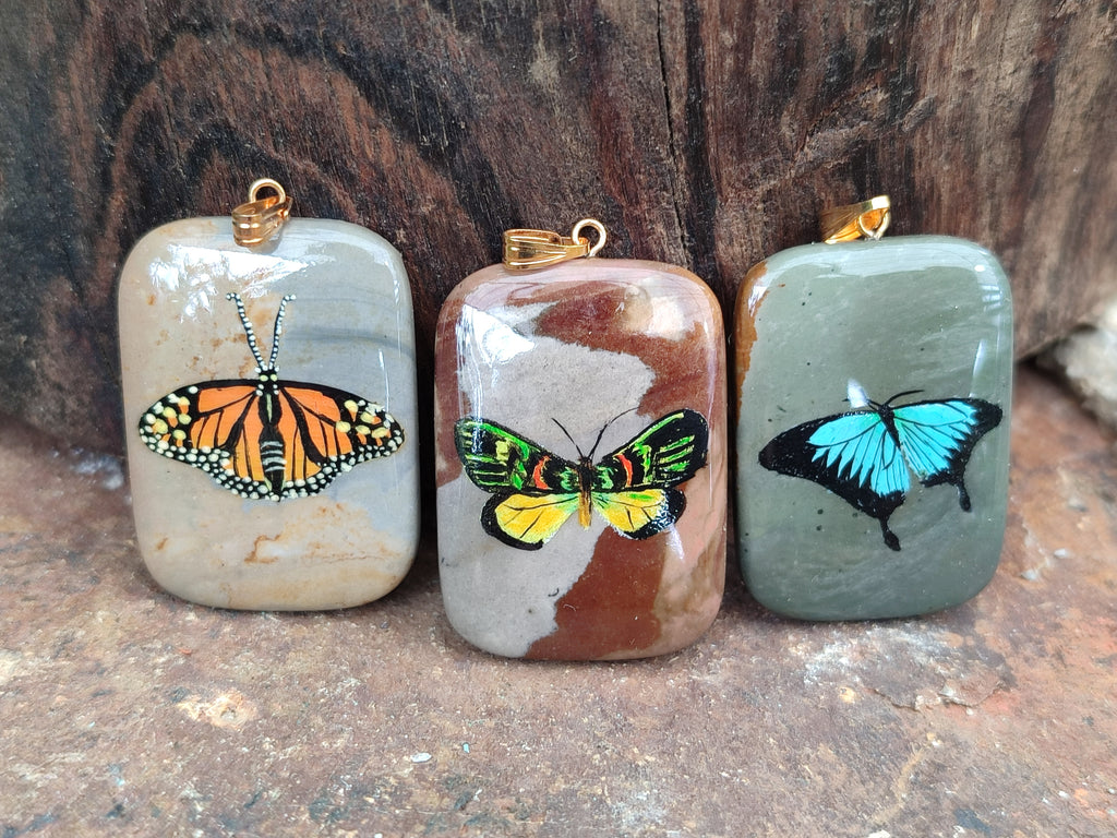 Polished Polychrome Jasper Pendant with Hand Painted Butterflies - sold per item - From Madagascar - Toprock Gemstones and Minerals 