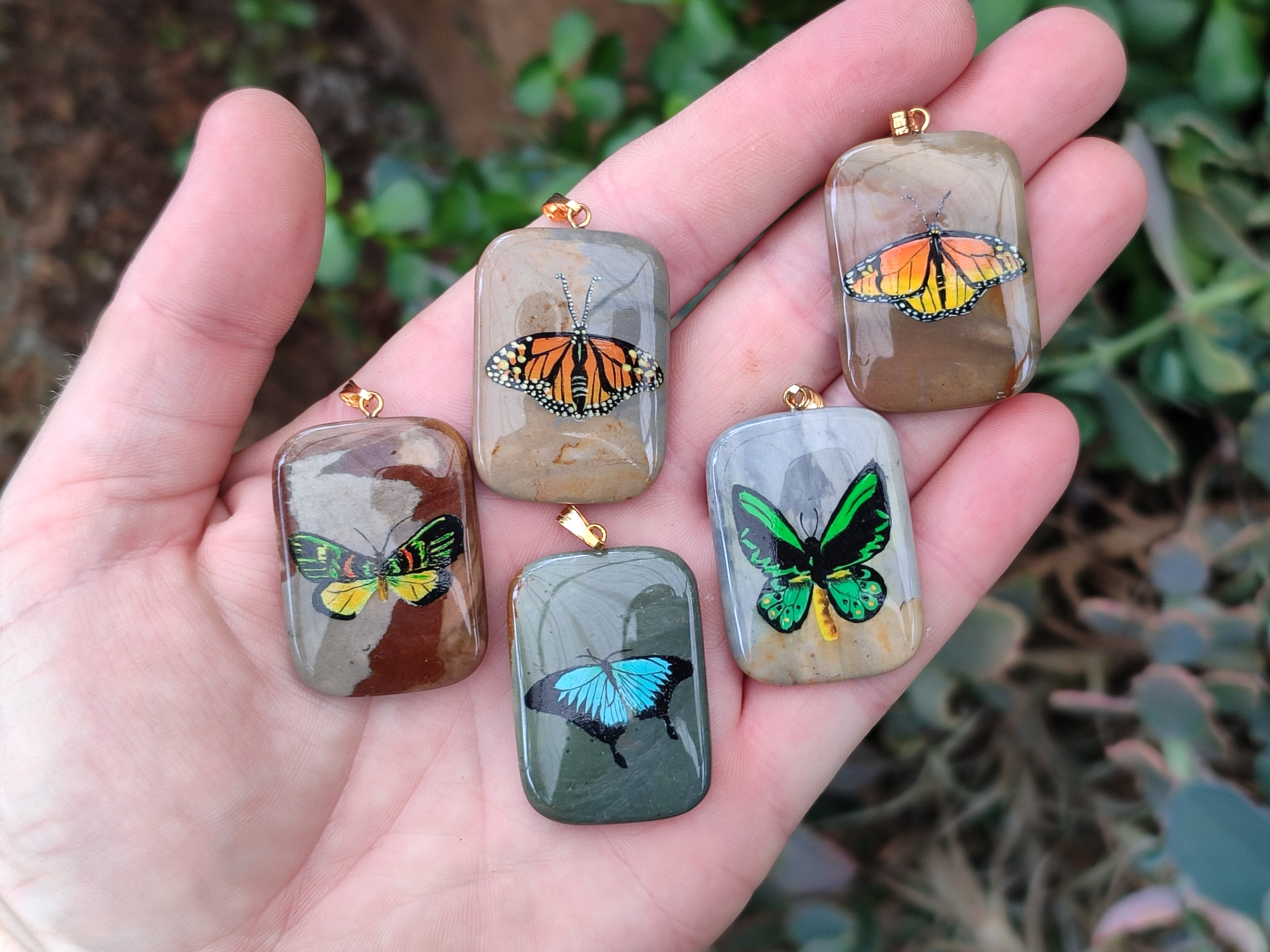 Polished Polychrome Jasper Pendant with Hand Painted Butterflies - sold per item - From Madagascar - Toprock Gemstones and Minerals 