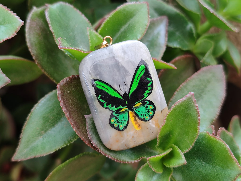 Polished Polychrome Jasper Pendant with Hand Painted Butterflies - sold per item - From Madagascar - Toprock Gemstones and Minerals 
