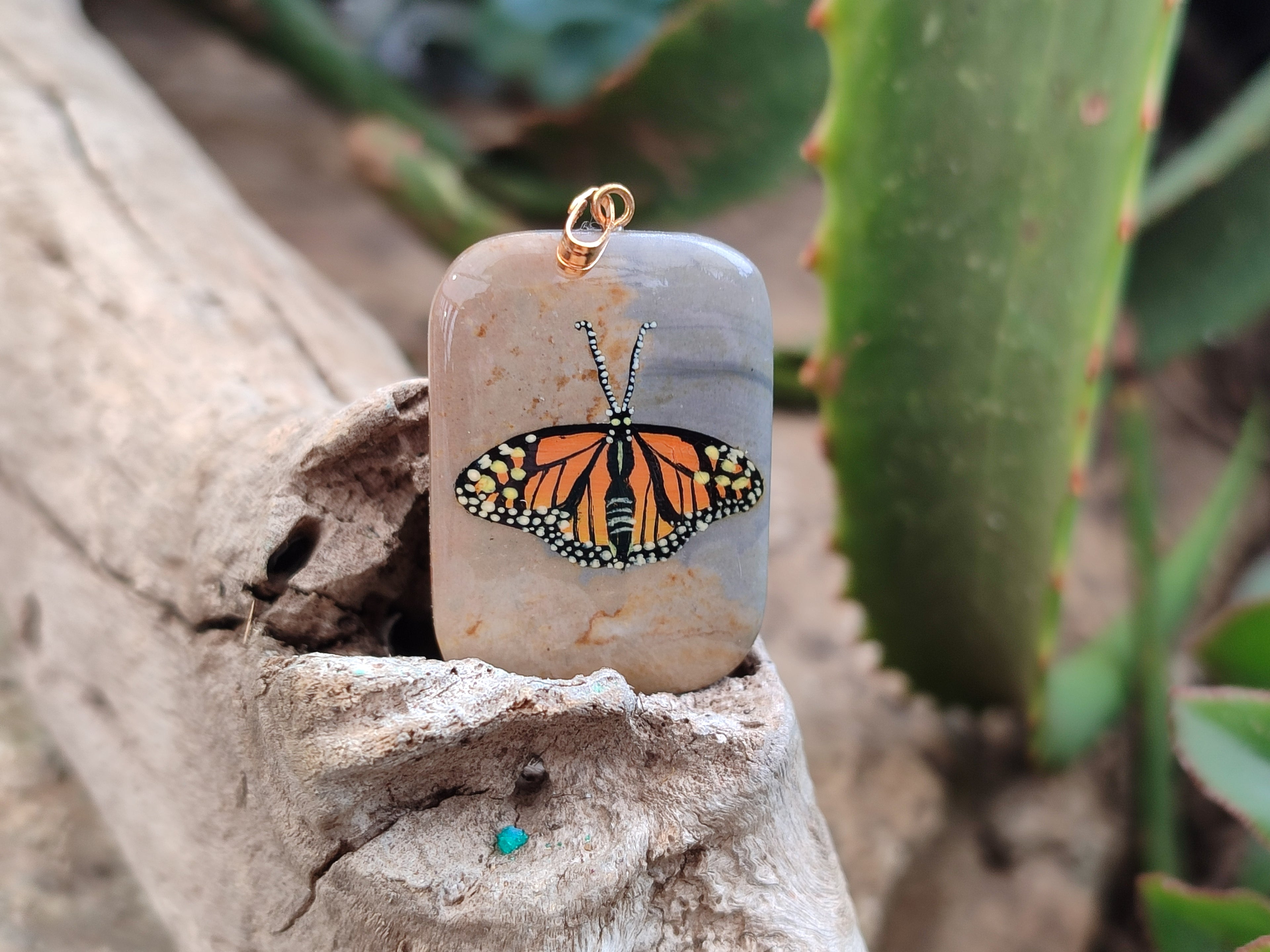 Polished Polychrome Jasper Pendant with Hand Painted Butterflies - sold per item - From Madagascar - Toprock Gemstones and Minerals 