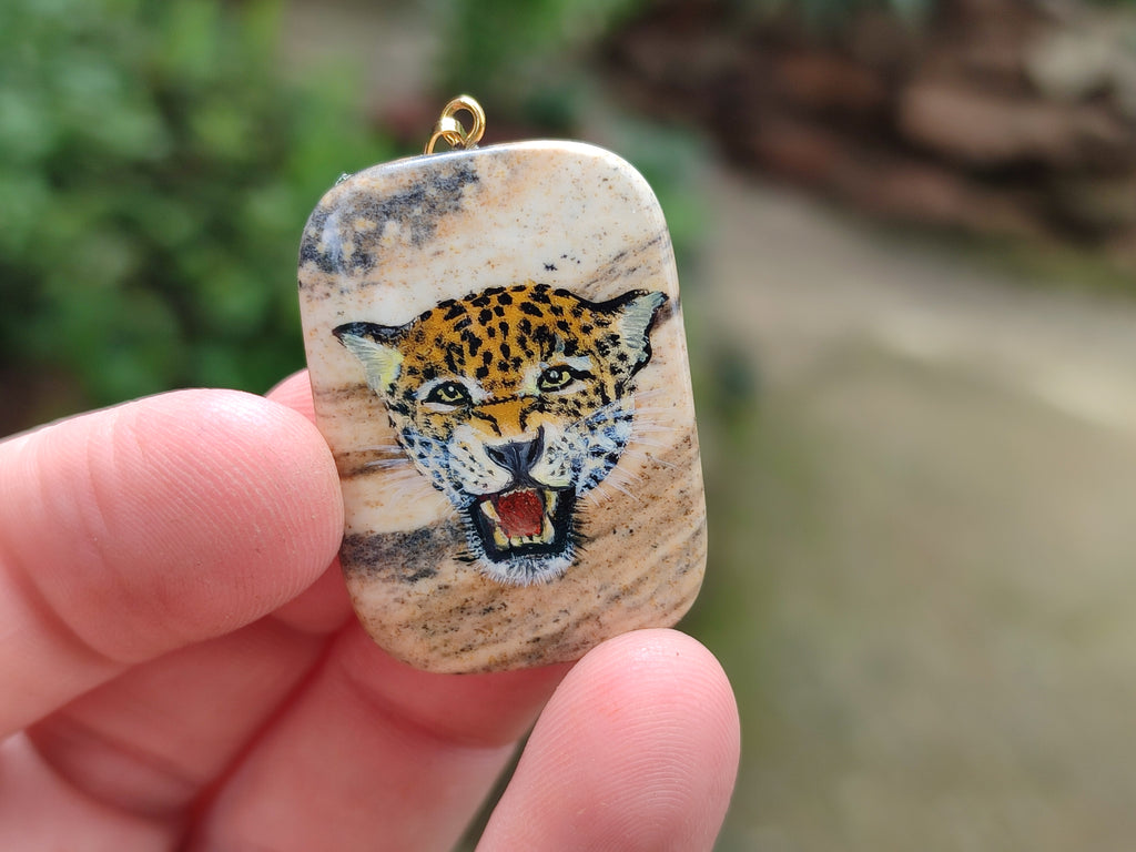 Polished Picture Stone Pendant with Hand Painted Leopard - Sold Per Item - From Namibia - Toprock Gemstones and Minerals 