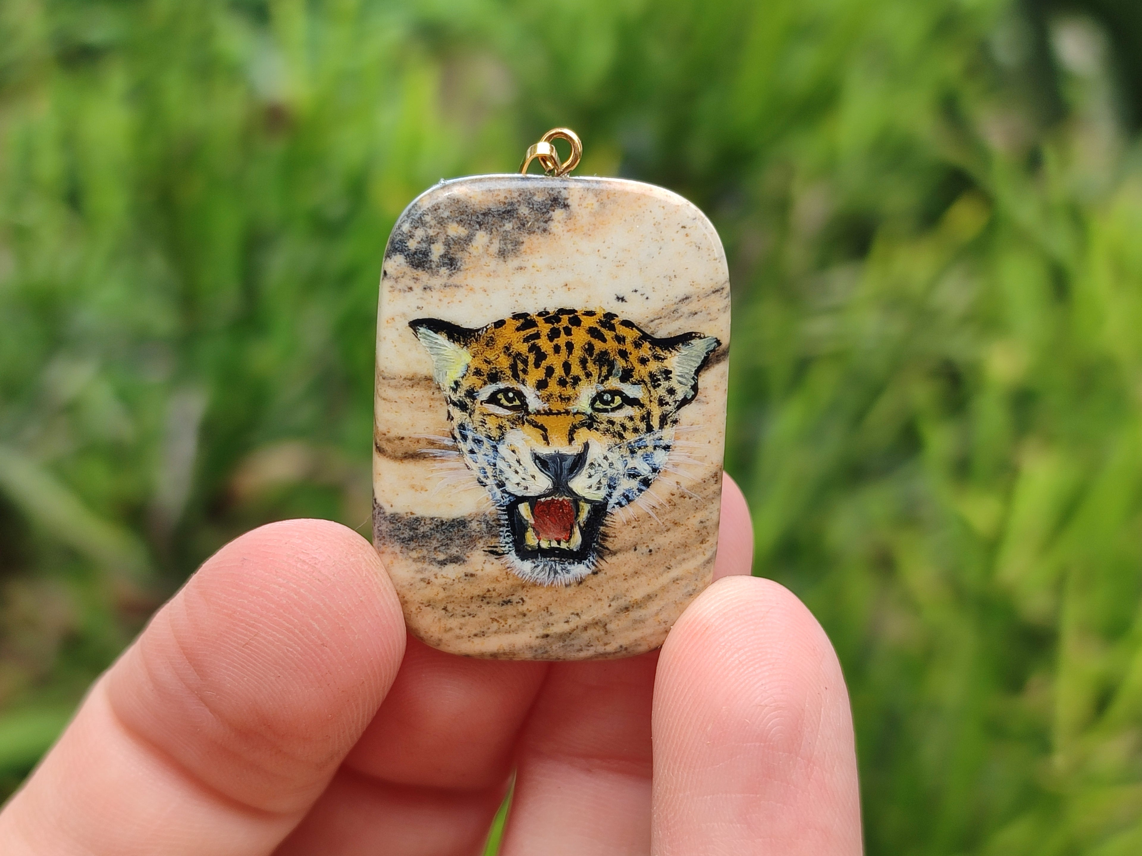 Polished Picture Stone Pendant with Hand Painted Leopard - Sold Per Item - From Namibia - Toprock Gemstones and Minerals 