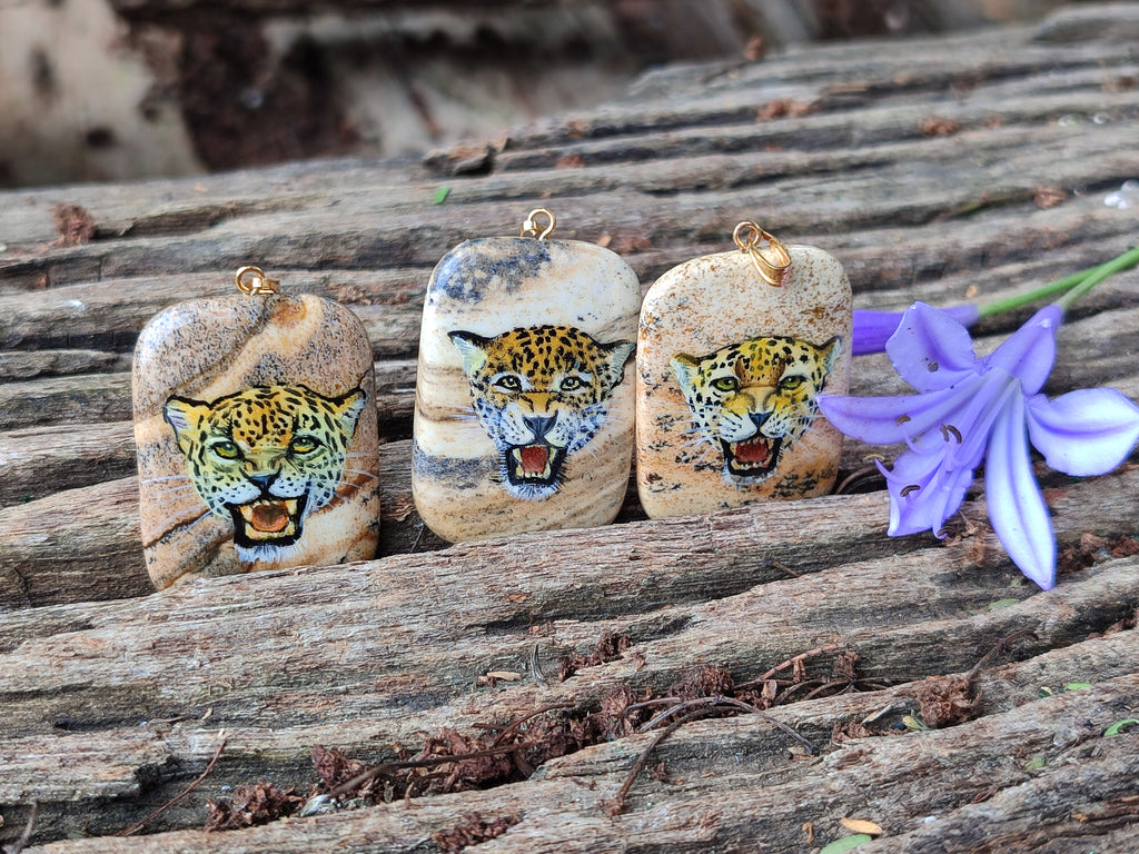 Polished Picture Stone Pendant with Hand Painted Leopard - Sold Per Item - From Namibia - Toprock Gemstones and Minerals 