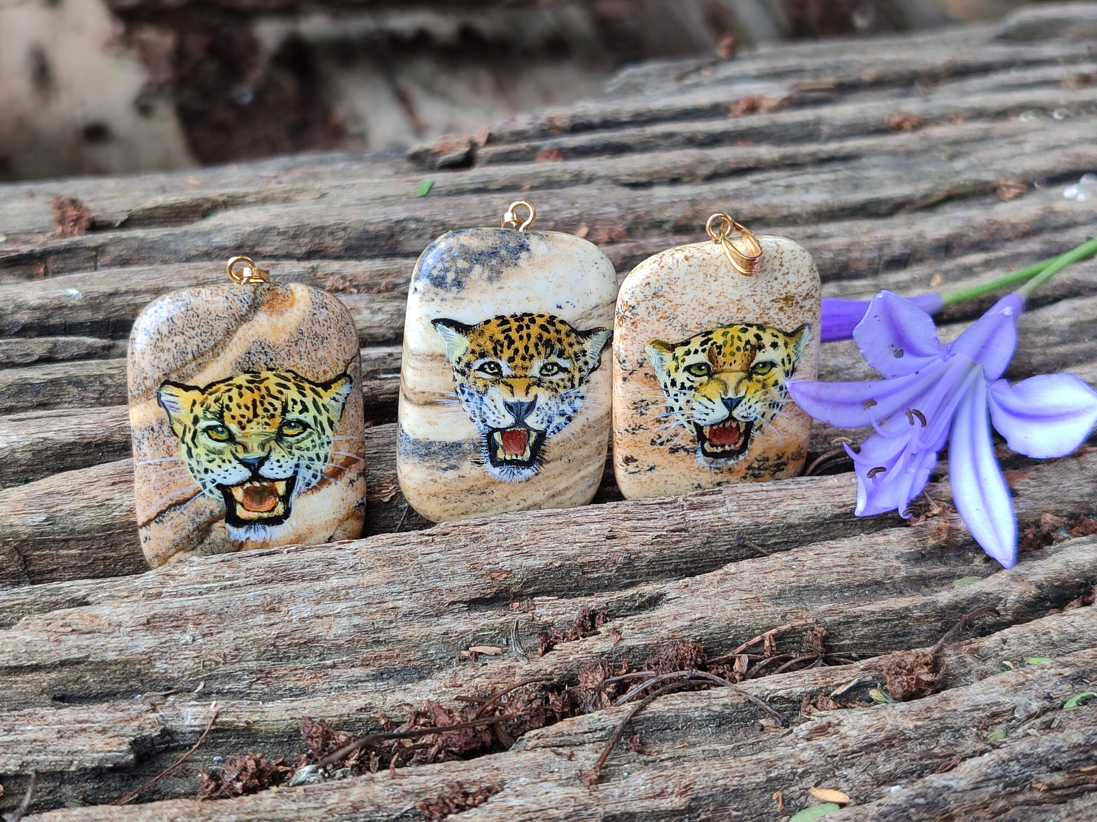 Polished Picture Stone Pendant with Hand Painted Leopard - Sold Per Item - From Namibia - Toprock Gemstones and Minerals 