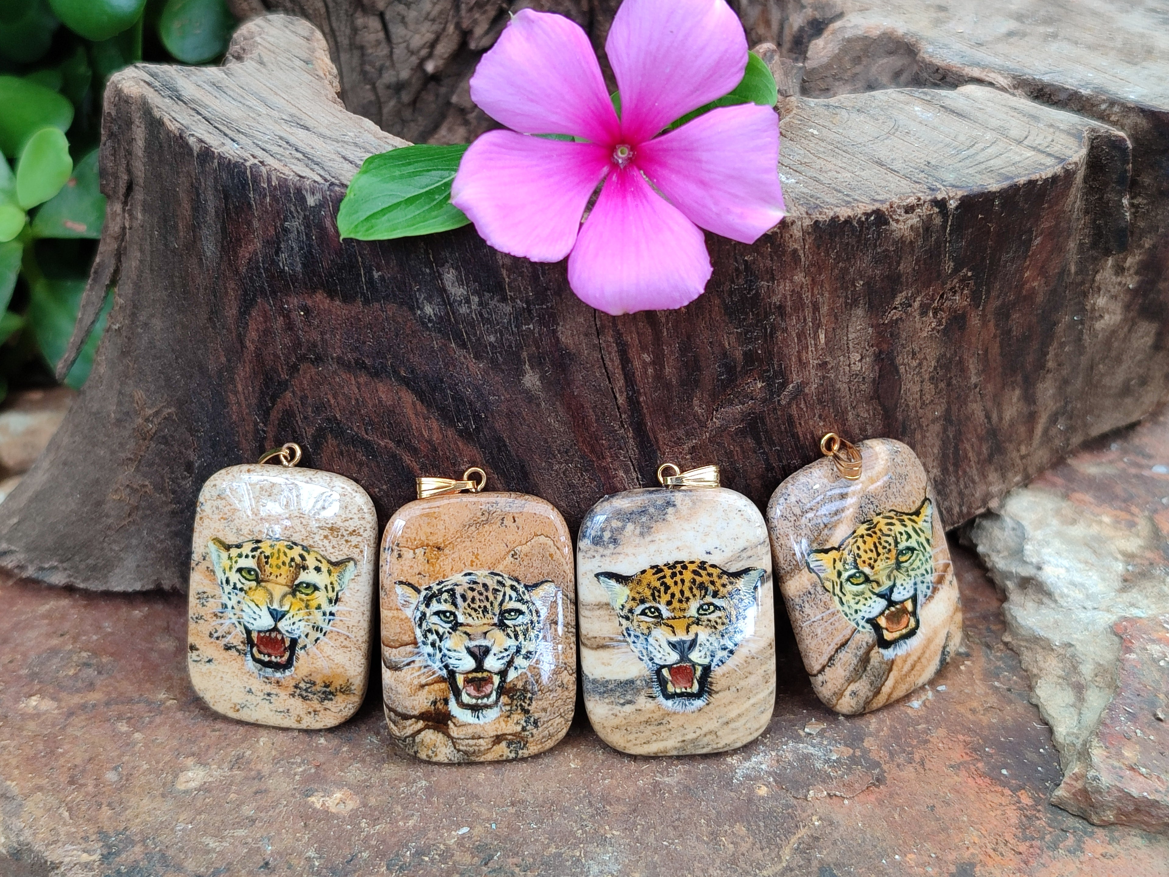 Polished Picture Stone Pendant with Hand Painted Leopard - Sold Per Item - From Namibia - Toprock Gemstones and Minerals 