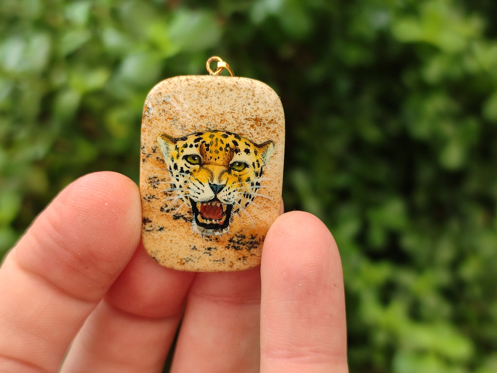 Polished Picture Stone Pendant with Hand Painted Leopard - Sold Per Item - From Namibia - Toprock Gemstones and Minerals 