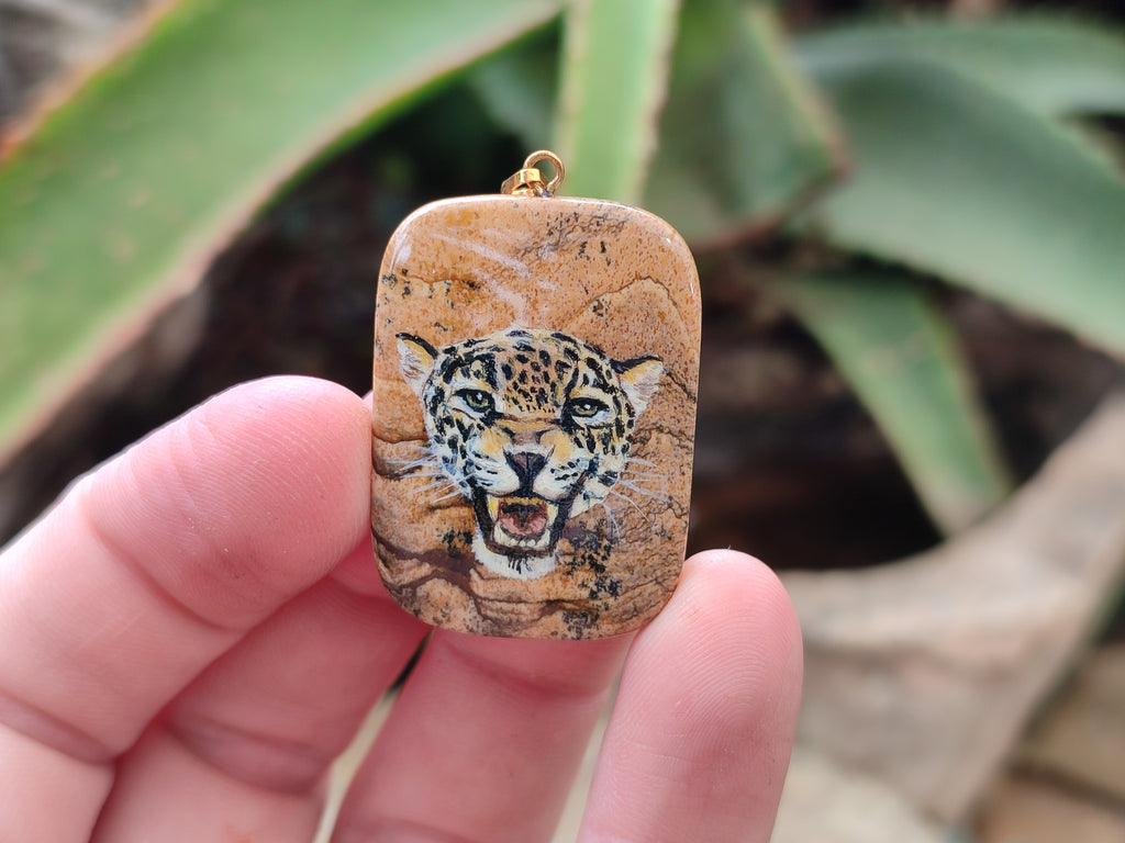 Polished Picture Stone Pendant with Hand Painted Leopard - Sold Per Item - From Namibia - Toprock Gemstones and Minerals 