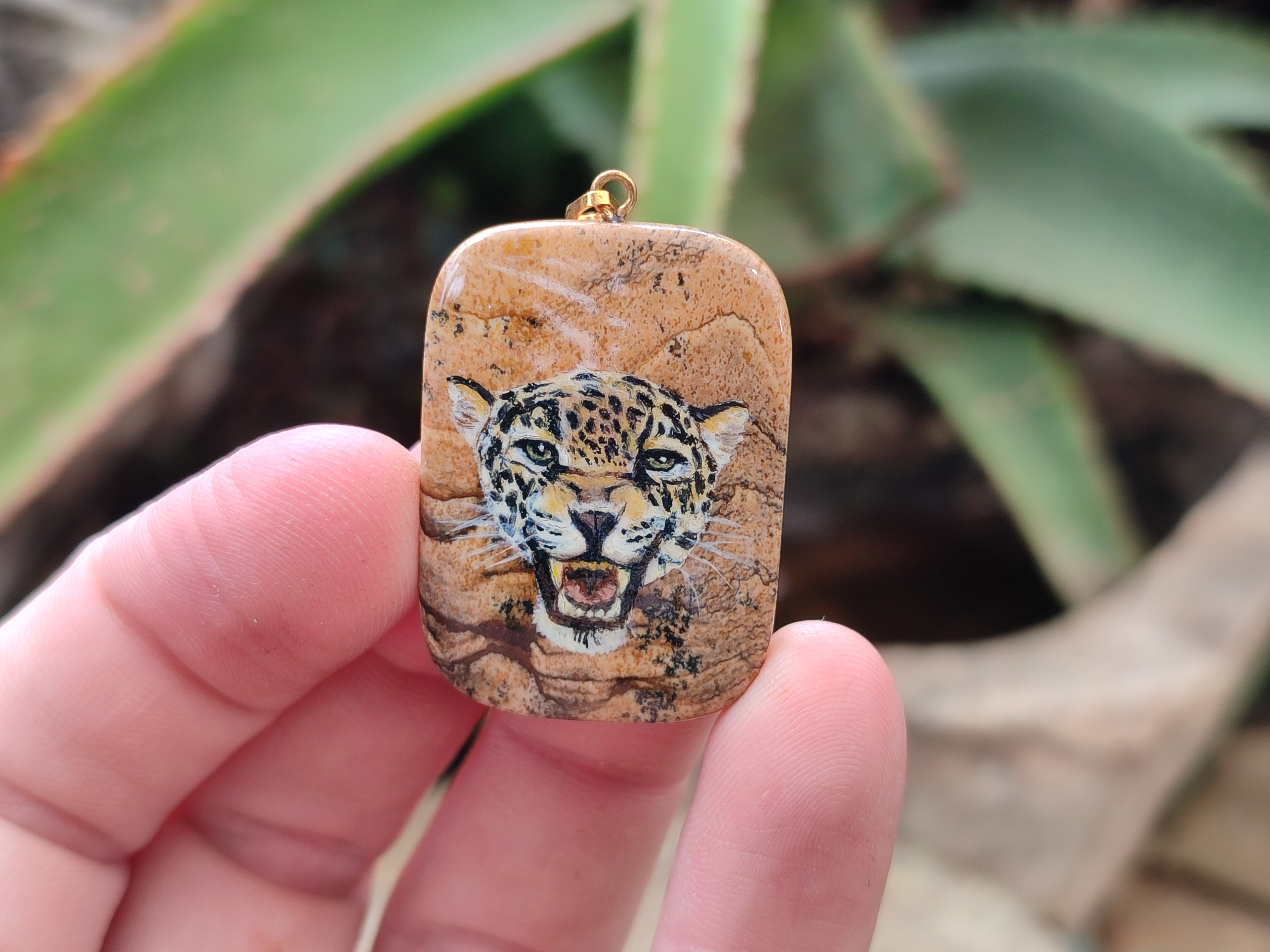 Polished Picture Stone Pendant with Hand Painted Leopard - Sold Per Item - From Namibia - Toprock Gemstones and Minerals 