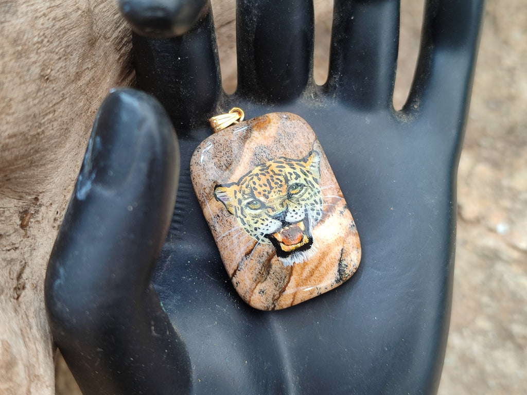 Polished Picture Stone Pendant with Hand Painted Leopard - Sold Per Item - From Namibia - Toprock Gemstones and Minerals 