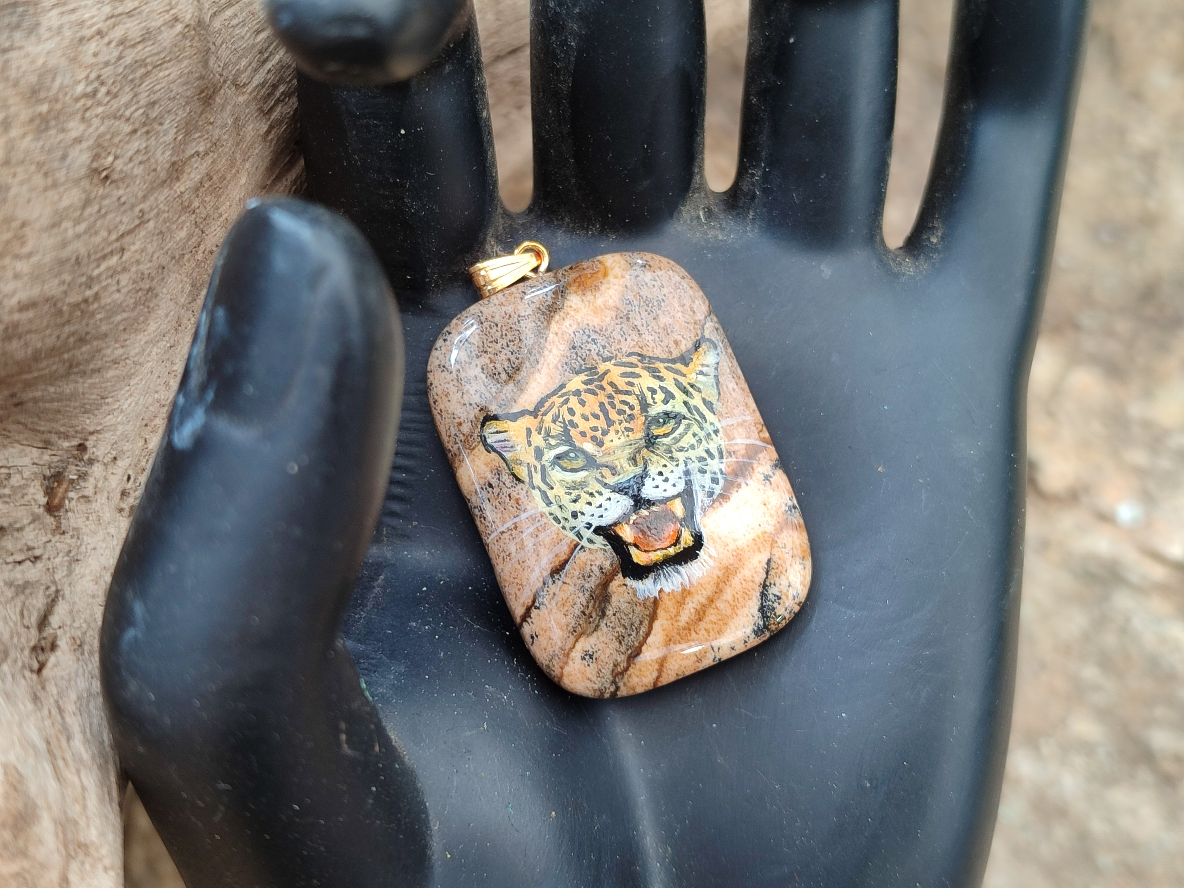 Polished Picture Stone Pendant with Hand Painted Leopard - Sold Per Item - From Namibia - Toprock Gemstones and Minerals 