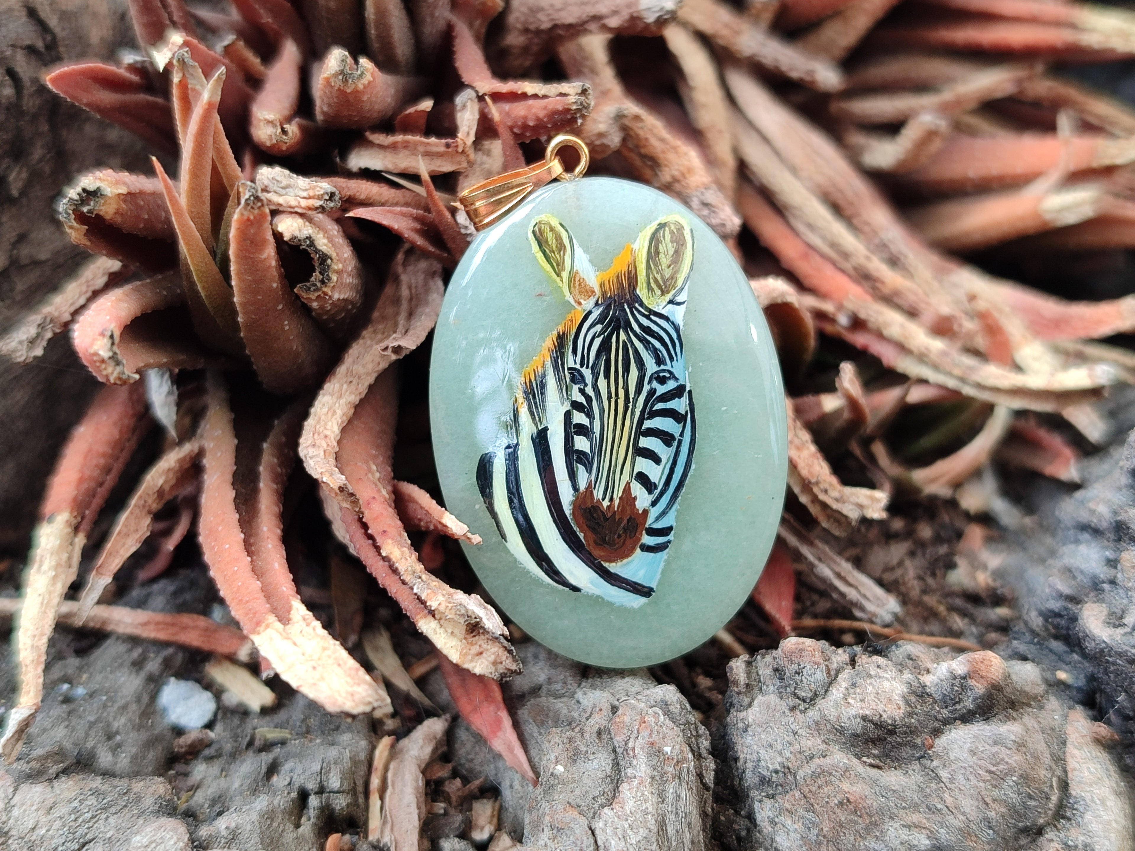 Polished Aventurine Pendant with Hand Painted Zebra - Sold Per Item - From Zimbabwe - Toprock Gemstones and Minerals 