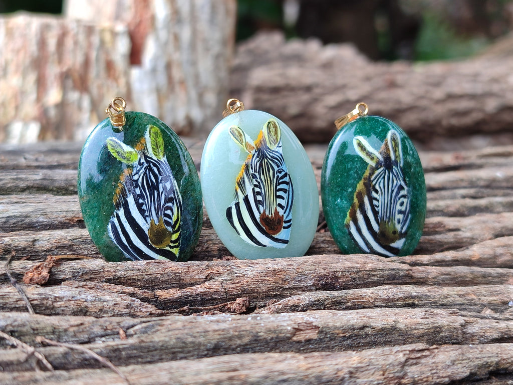 Polished Aventurine Pendant with Hand Painted Zebra - Sold Per Item - From Zimbabwe - Toprock Gemstones and Minerals 
