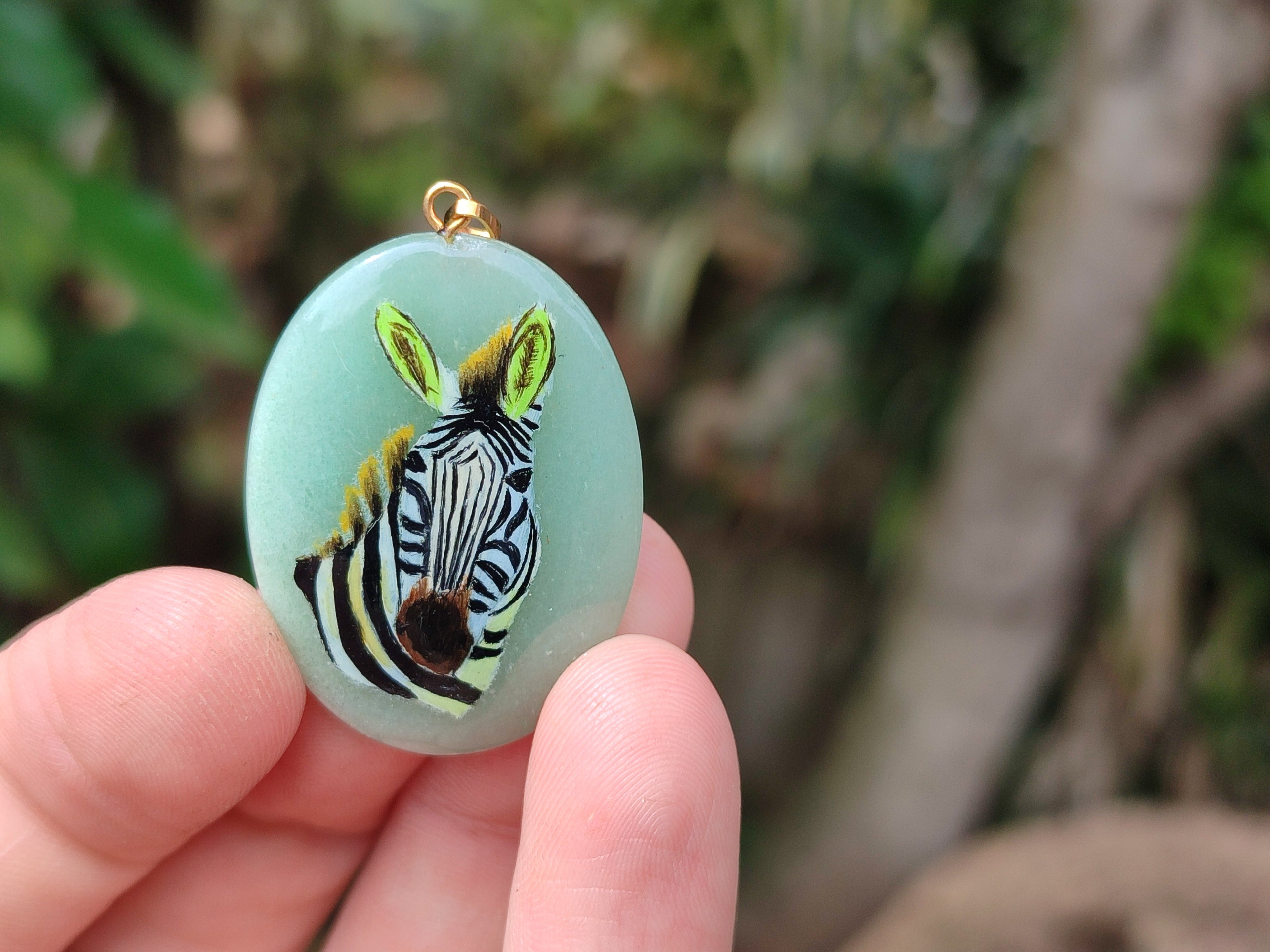 Polished Aventurine Pendant with Hand Painted Zebra - Sold Per Item - From Zimbabwe - Toprock Gemstones and Minerals 