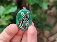 Polished Aventurine Pendant with Hand Painted Zebra - Sold Per Item - From Zimbabwe