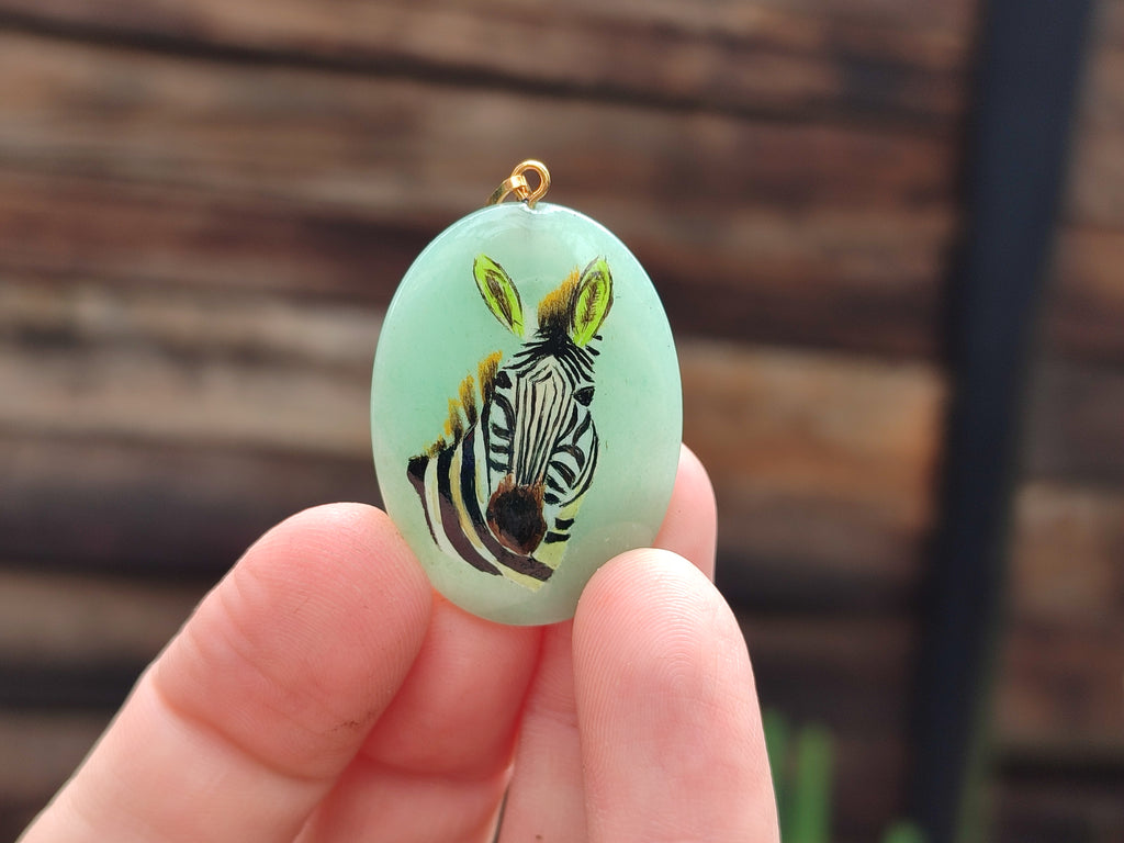 Polished Aventurine Pendant with Hand Painted Zebra - Sold Per Item - From Zimbabwe - Toprock Gemstones and Minerals 