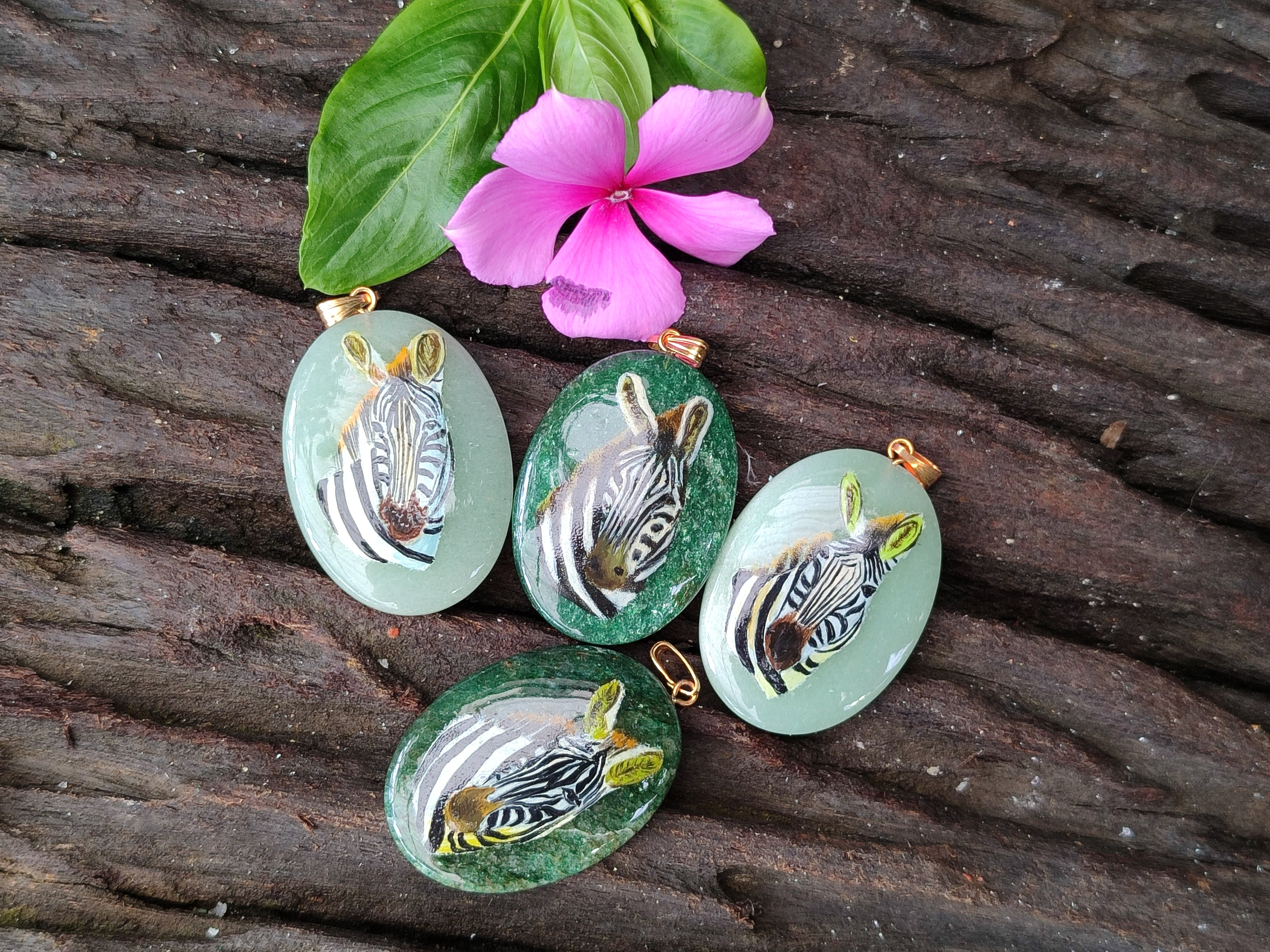 Polished Aventurine Pendant with Hand Painted Zebra - Sold Per Item - From Zimbabwe - Toprock Gemstones and Minerals 