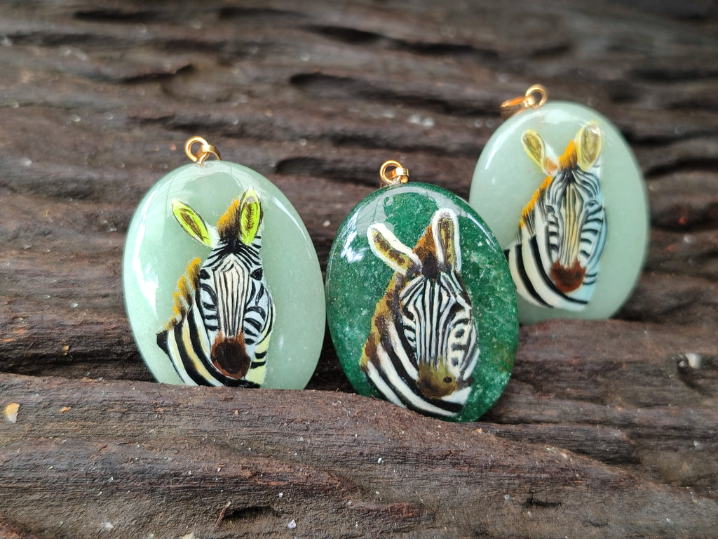 Polished Aventurine Pendant with Hand Painted Zebra - Sold Per Item - From Zimbabwe - Toprock Gemstones and Minerals 