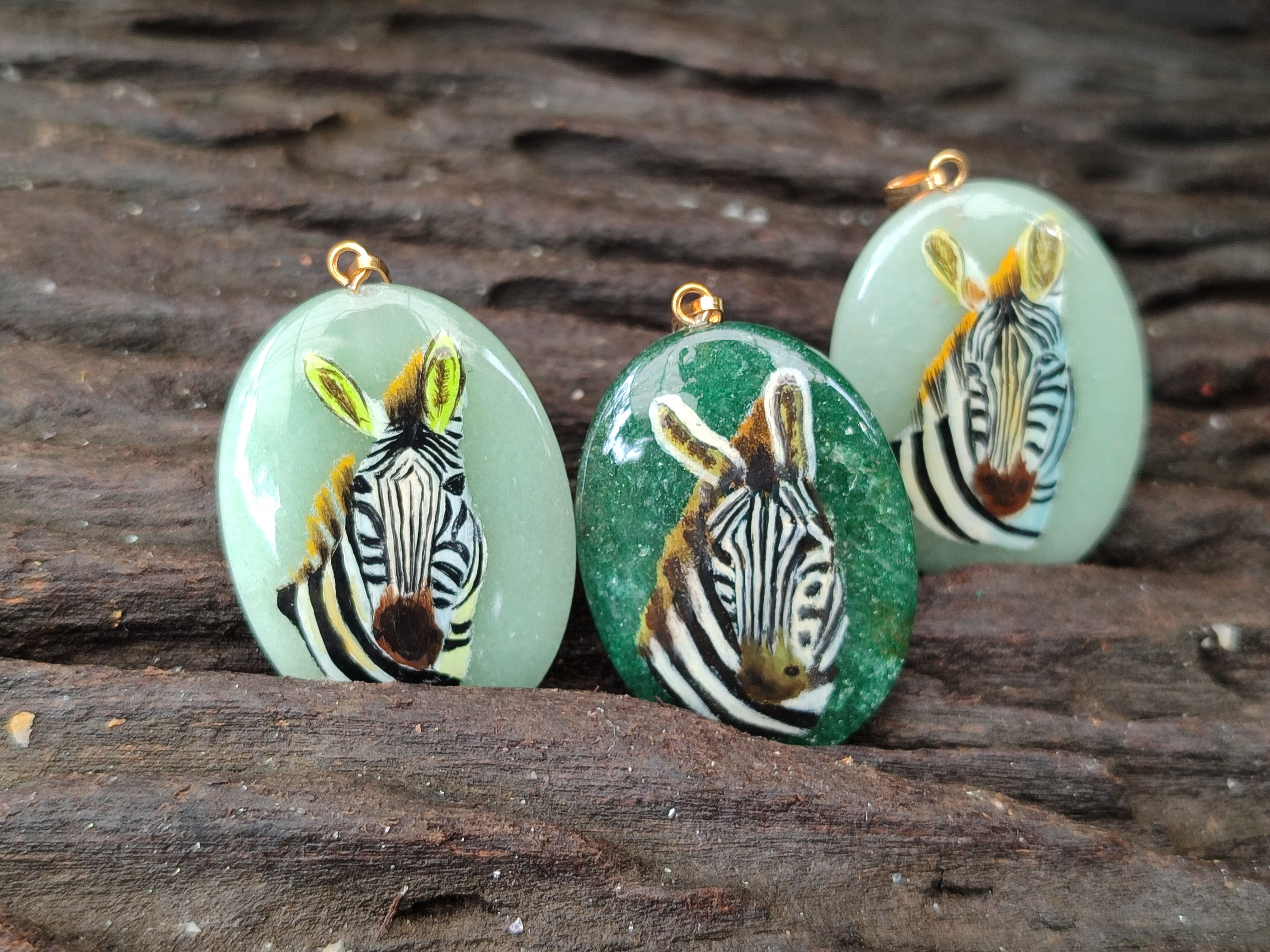 Polished Aventurine Pendant with Hand Painted Zebra - Sold Per Item - From Zimbabwe - Toprock Gemstones and Minerals 