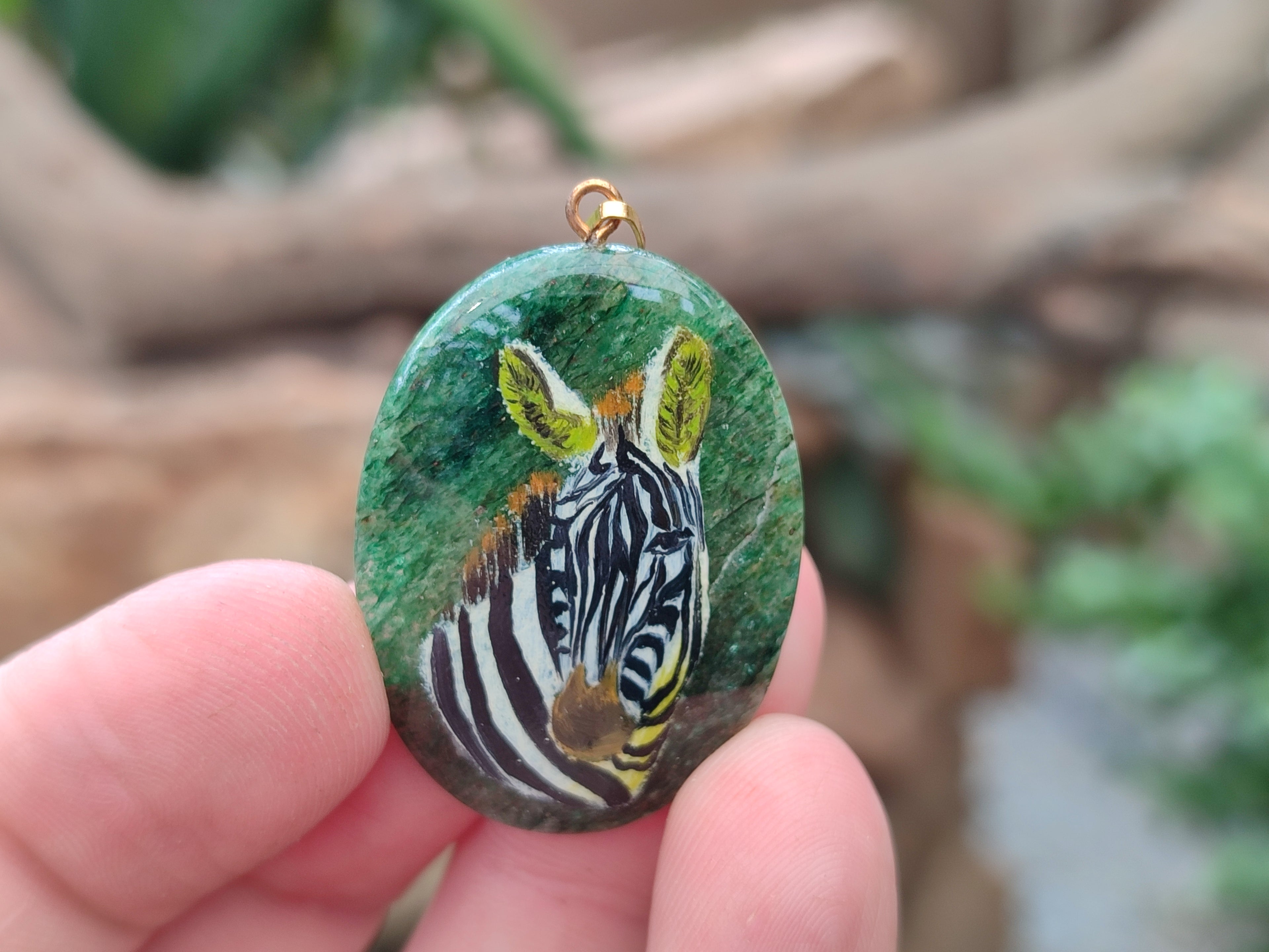 Polished Aventurine Pendant with Hand Painted Zebra - Sold Per Item - From Zimbabwe - Toprock Gemstones and Minerals 