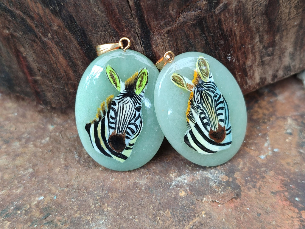 Polished Aventurine Pendant with Hand Painted Zebra - Sold Per Item - From Zimbabwe - Toprock Gemstones and Minerals 