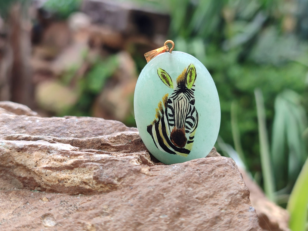 Polished Aventurine Pendant with Hand Painted Zebra - Sold Per Item - From Zimbabwe - Toprock Gemstones and Minerals 
