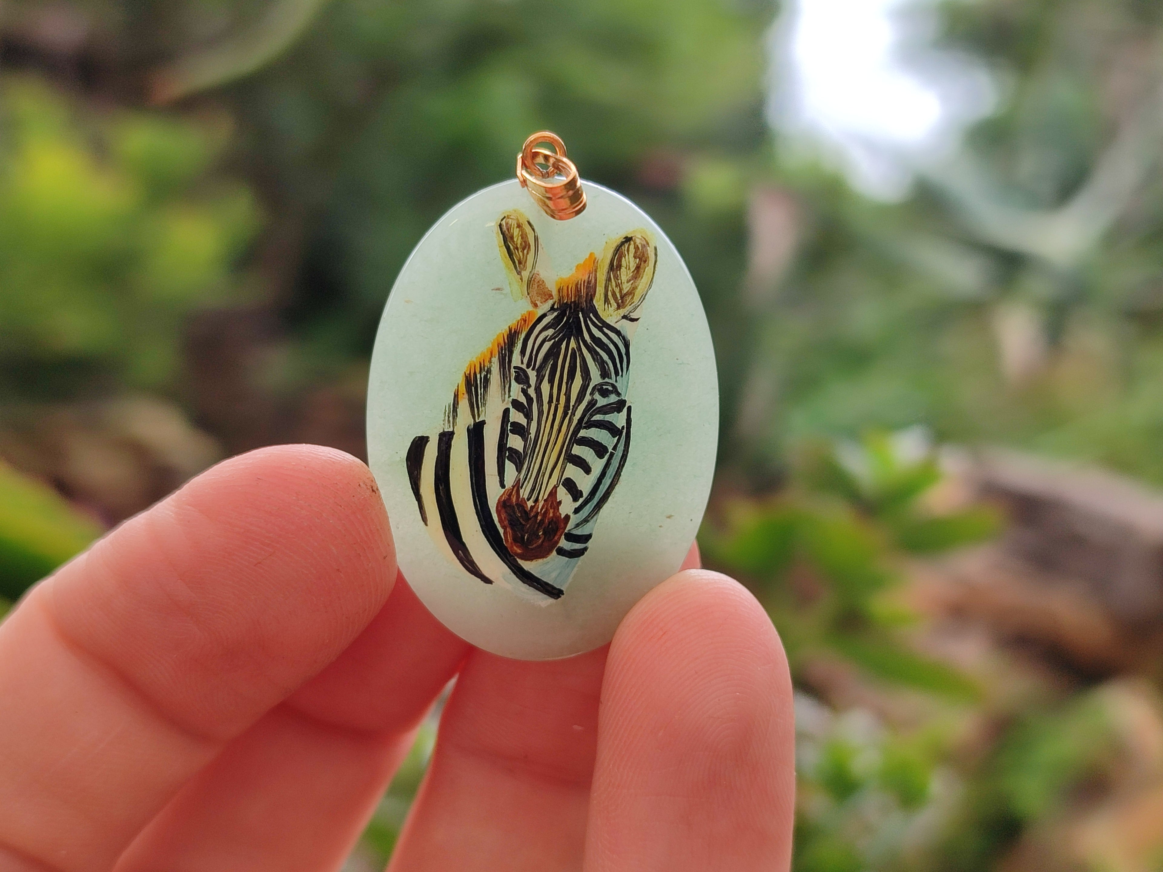 Polished Aventurine Pendant with Hand Painted Zebra - Sold Per Item - From Zimbabwe - Toprock Gemstones and Minerals 