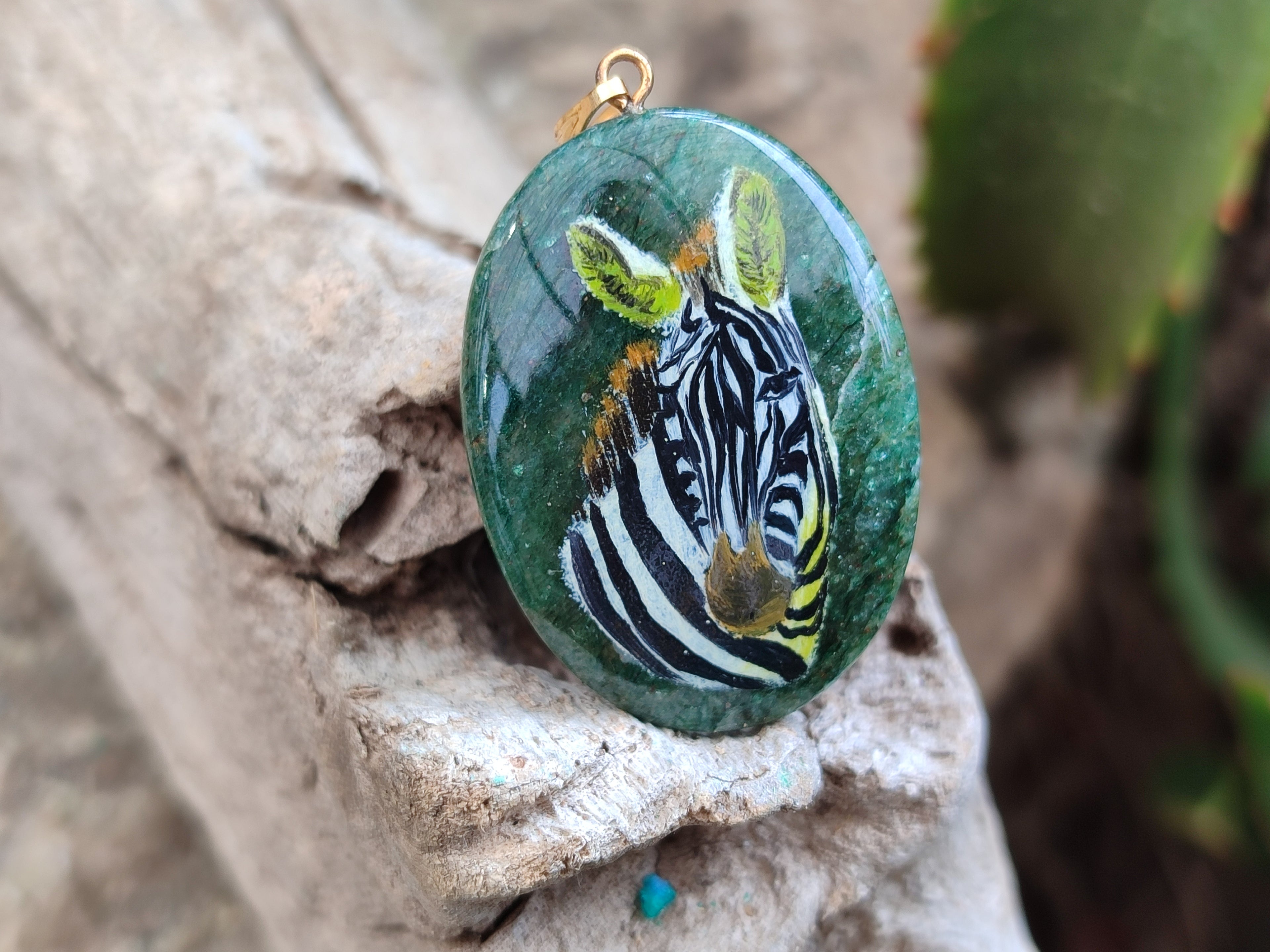 Polished Aventurine Pendant with Hand Painted Zebra - Sold Per Item - From Zimbabwe - Toprock Gemstones and Minerals 