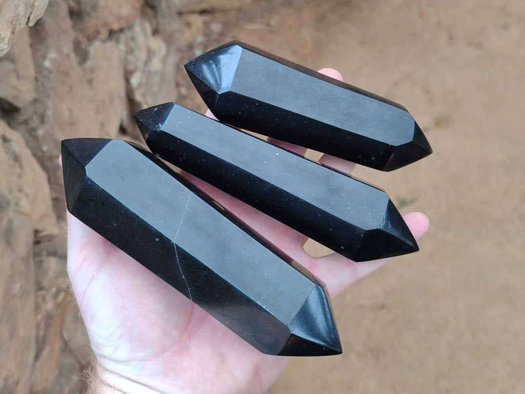 Polished Black Basalt Double Terminated Points x 4 From Madagascar - Toprock Gemstones and Minerals 