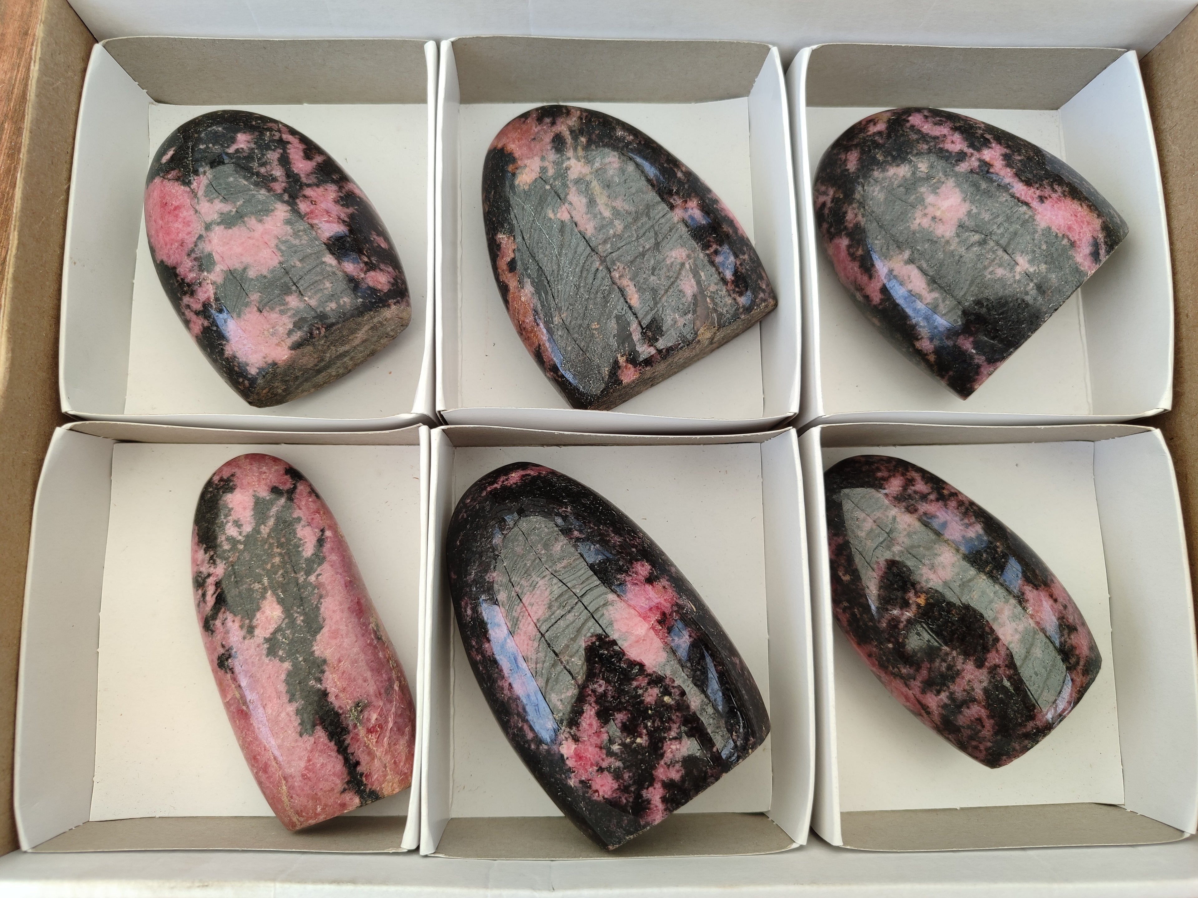 Polished Rhodonite Standing Free Forms x 6 From Ambindavato, Madagascar - Toprock Gemstones and Minerals 