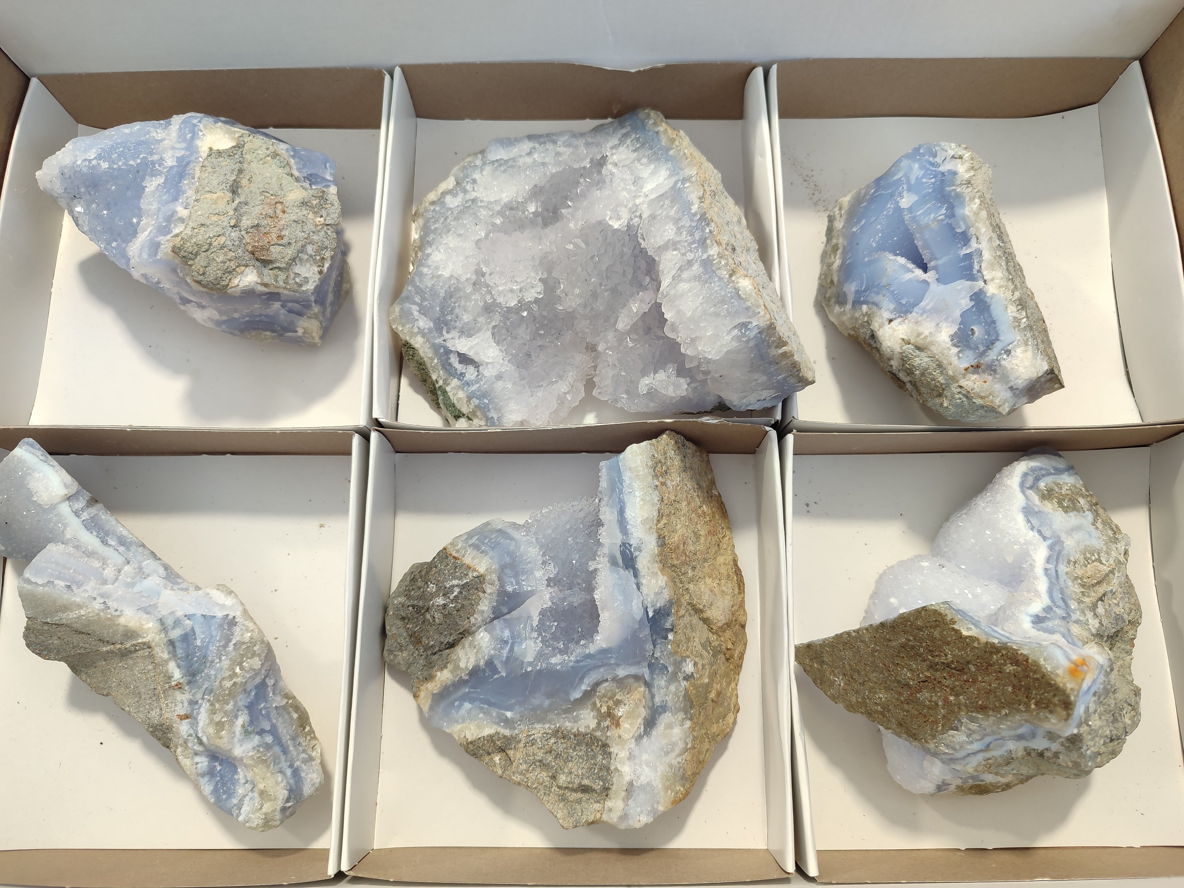 Natural Blue Lace Agate Geode Specimens x 6 From Malawi - Toprock Gemstones and Minerals 