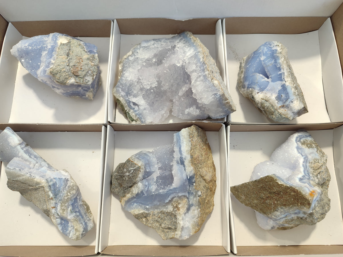 Natural Blue Lace Agate Geode Specimens x 6 From Malawi - Toprock Gemstones and Minerals 
