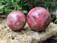 Polished Rhodonite Spheres x 2 From Zimbabwe - Toprock Gemstones and Minerals 