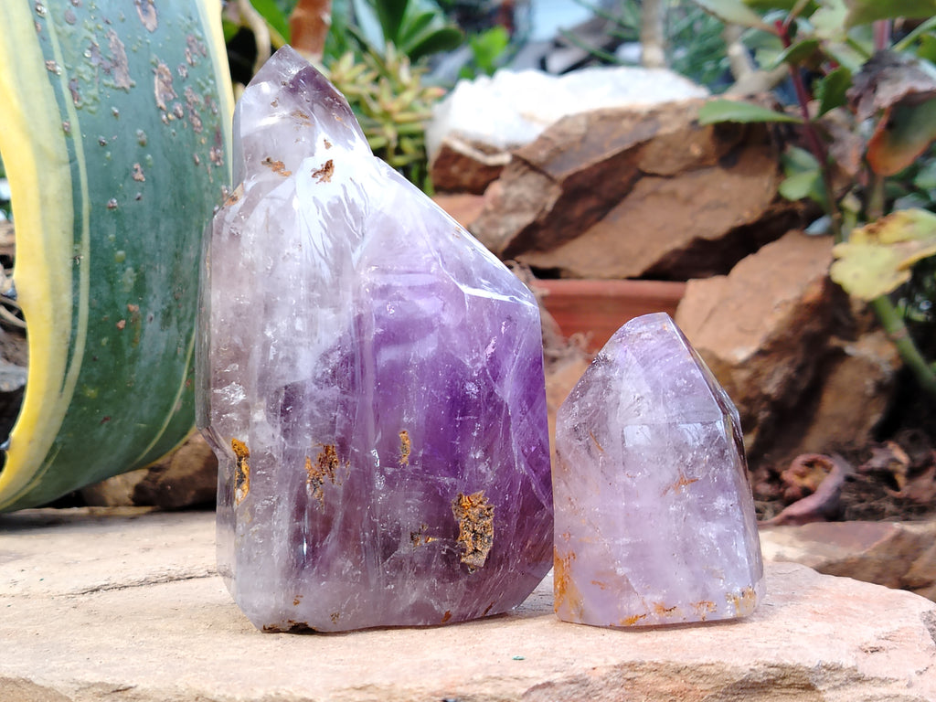 Polished Smokey Window Amethyst Quartz Crystals x 2 From Akansobe, Madagascar - Toprock Gemstones and Minerals 