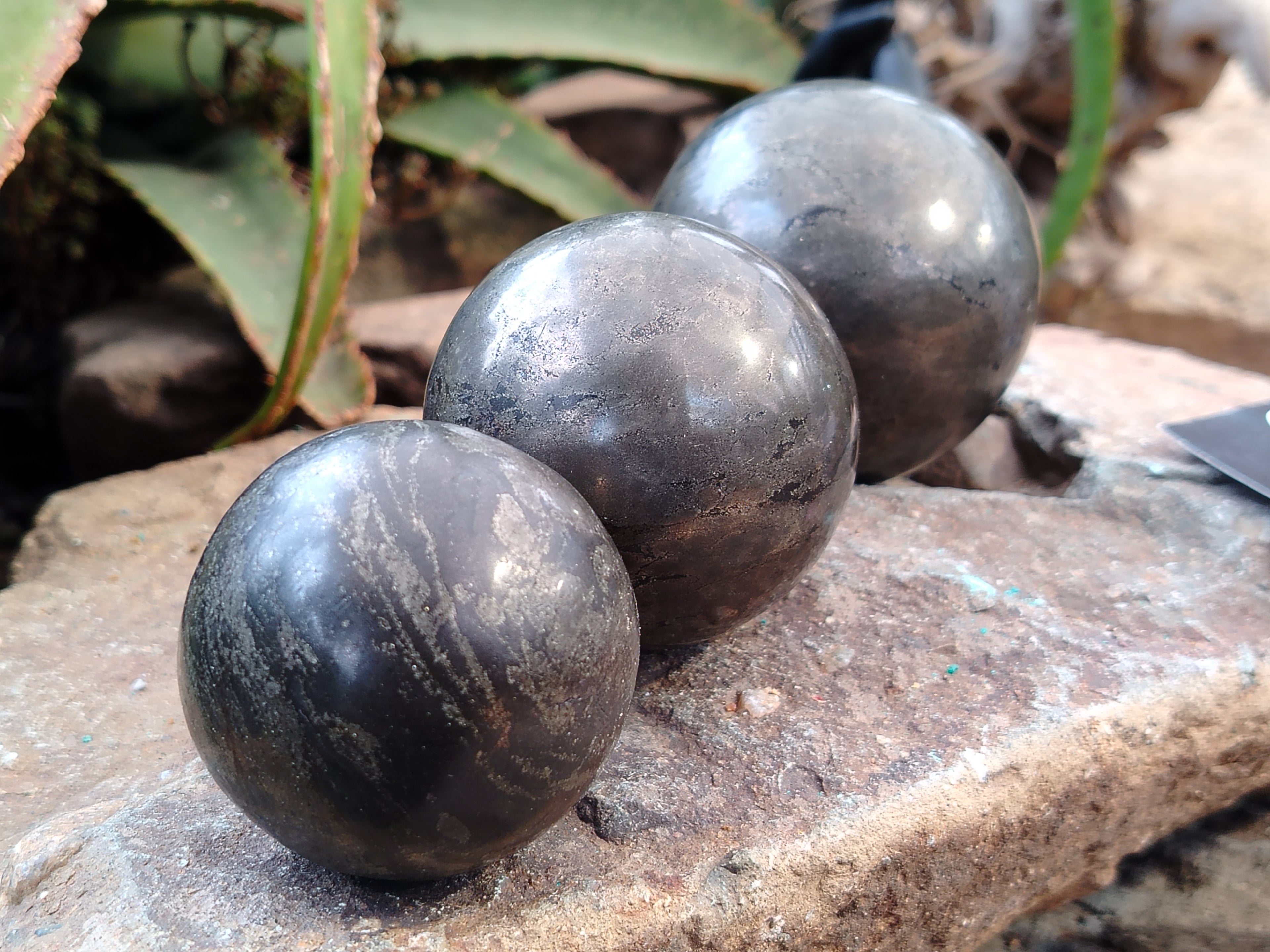 Polished Pharaoh Stone Black Basalt Spheres x 3 From Zimbabwe - Toprock Gemstones and Minerals 