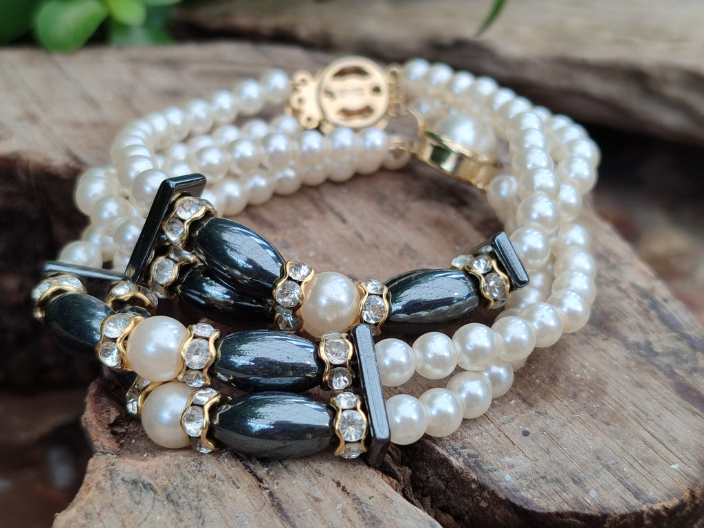 Polished Hematite and Freshwater Pearl Beaded Bracelet- Sold Per Item - From Southern Africa - Toprock Gemstones and Minerals 