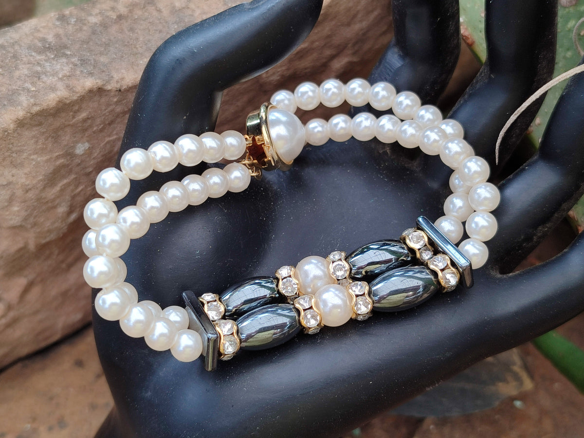 Polished Hematite and Freshwater Pearl Beaded Bracelet- Sold Per Item - From Southern Africa - Toprock Gemstones and Minerals 