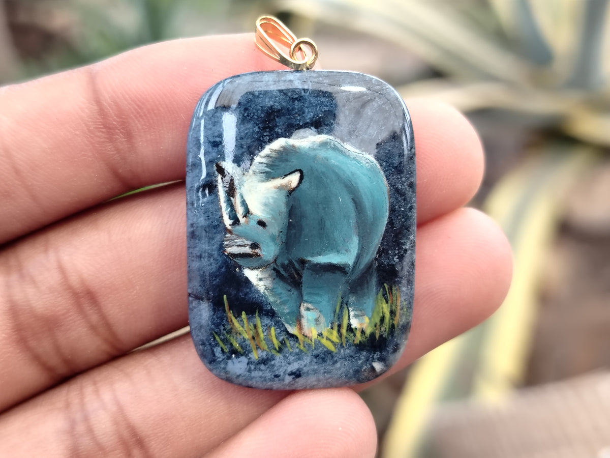 Hand Painted Dumortierite Rhino Pendent - sold per item - From Mozambique - Toprock Gemstones and Minerals 