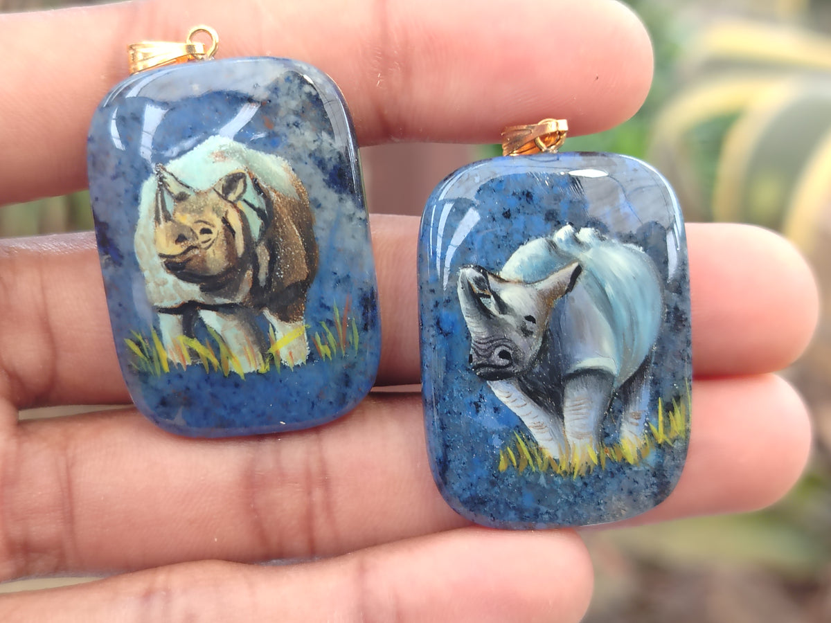 Hand Painted Dumortierite Rhino Pendent - sold per item - From Mozambique - Toprock Gemstones and Minerals 