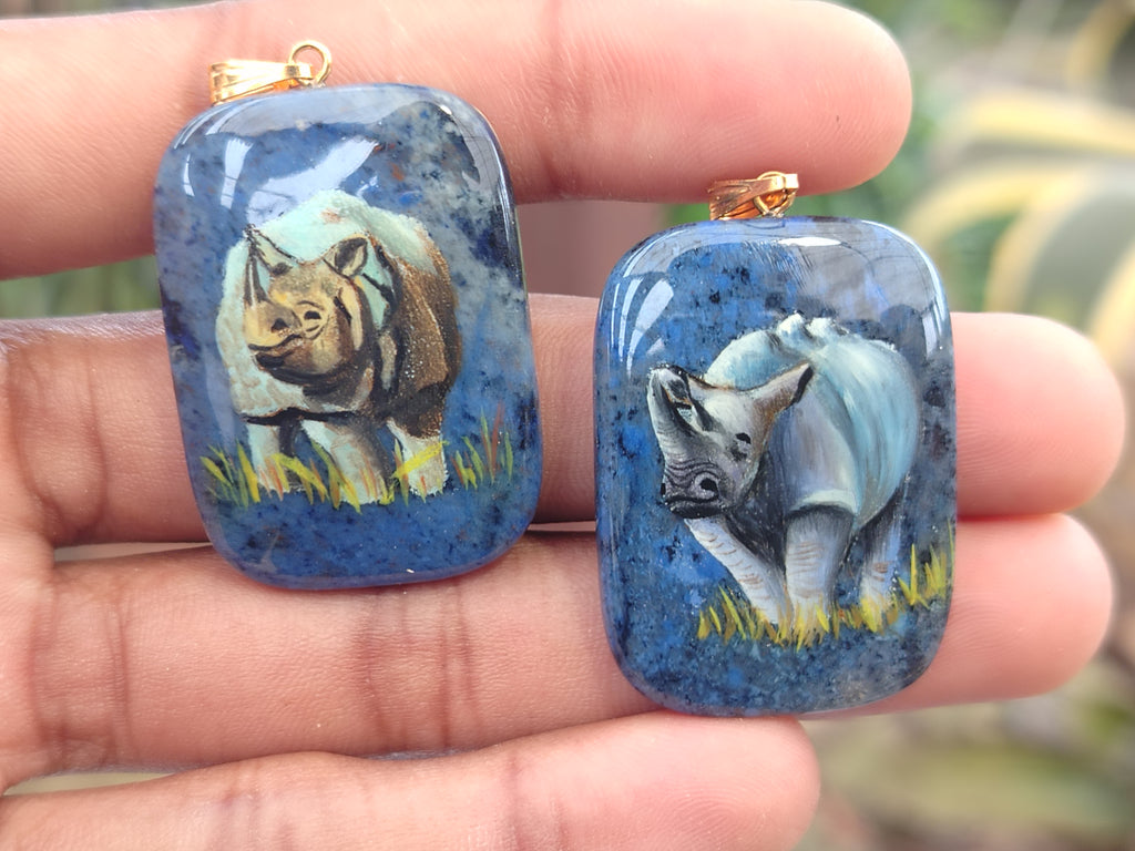 Hand Painted Dumortierite Rhino Pendent - sold per item - From Mozambique - Toprock Gemstones and Minerals 
