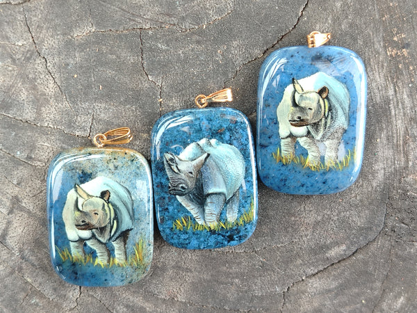 Hand Painted Dumortierite Rhino Pendent - sold per item - From Mozambique - Toprock Gemstones and Minerals 
