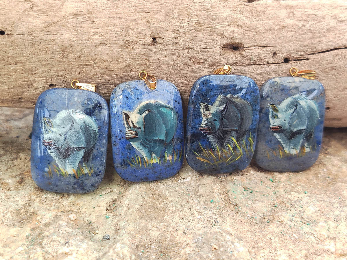 Hand Painted Dumortierite Rhino Pendent - sold per item - From Mozambique - Toprock Gemstones and Minerals 
