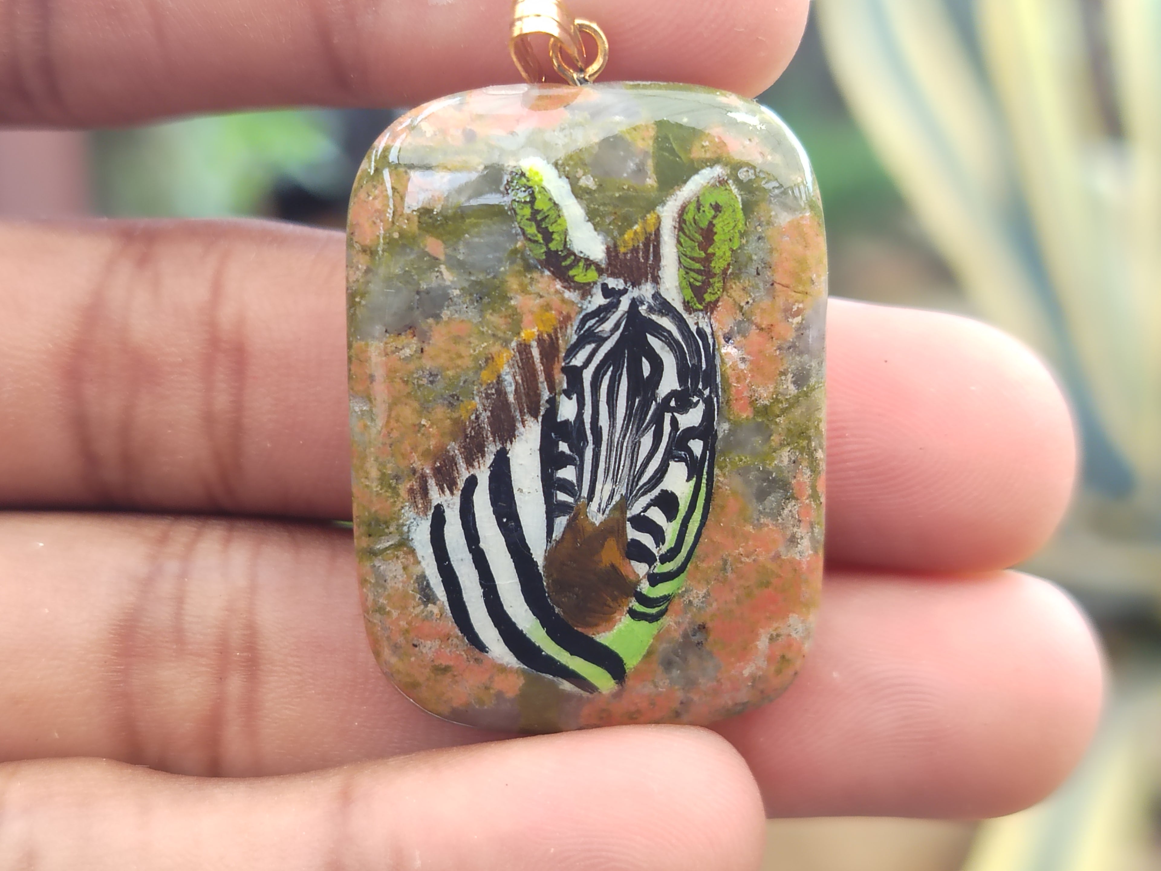 Polished Unakite Pendant with Hand Painted Zebra - Sold Per Item - From South Africa - Toprock Gemstones and Minerals 