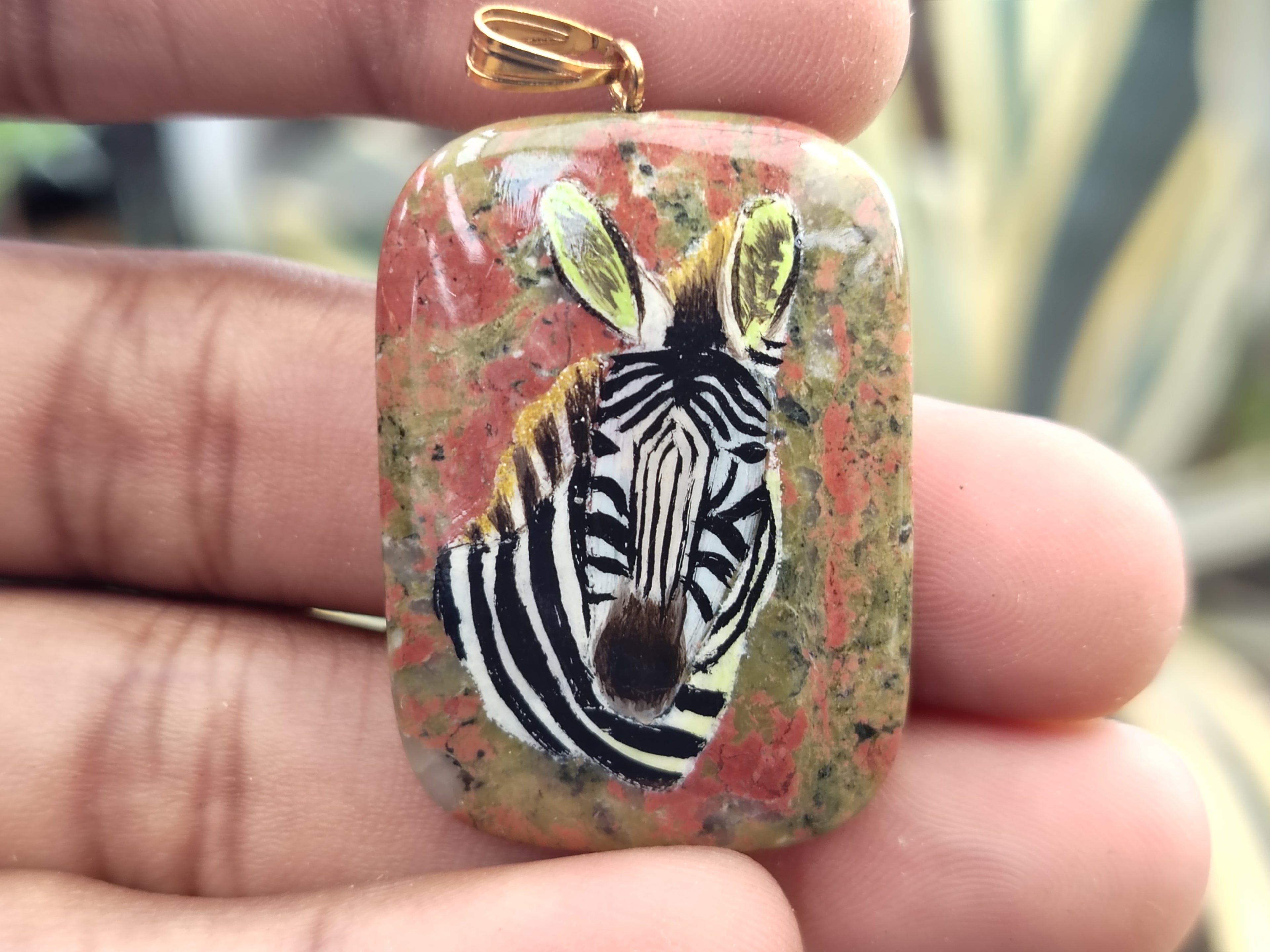 Polished Unakite Pendant with Hand Painted Zebra - Sold Per Item - From South Africa - Toprock Gemstones and Minerals 