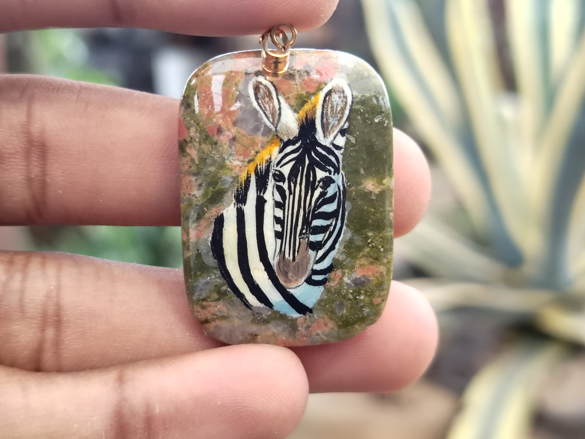 Polished Unakite Pendant with Hand Painted Zebra - Sold Per Item - From South Africa - Toprock Gemstones and Minerals 