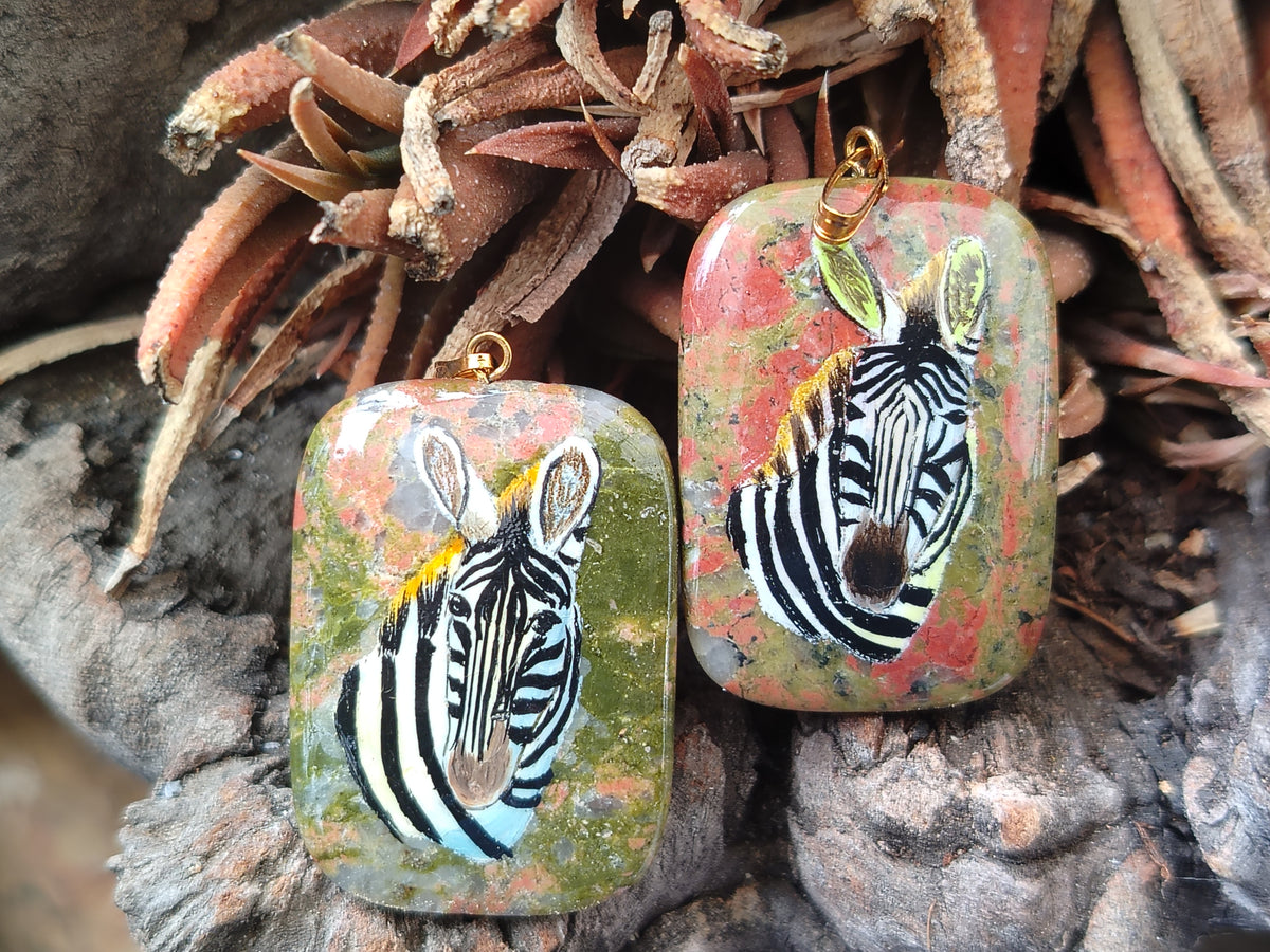 Polished Unakite Pendant with Hand Painted Zebra - Sold Per Item - From South Africa - Toprock Gemstones and Minerals 