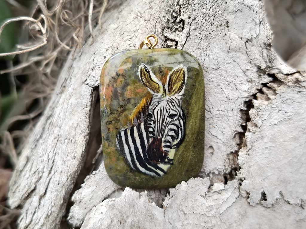 Polished Unakite Pendant with Hand Painted Zebra - Sold Per Item - From South Africa - Toprock Gemstones and Minerals 