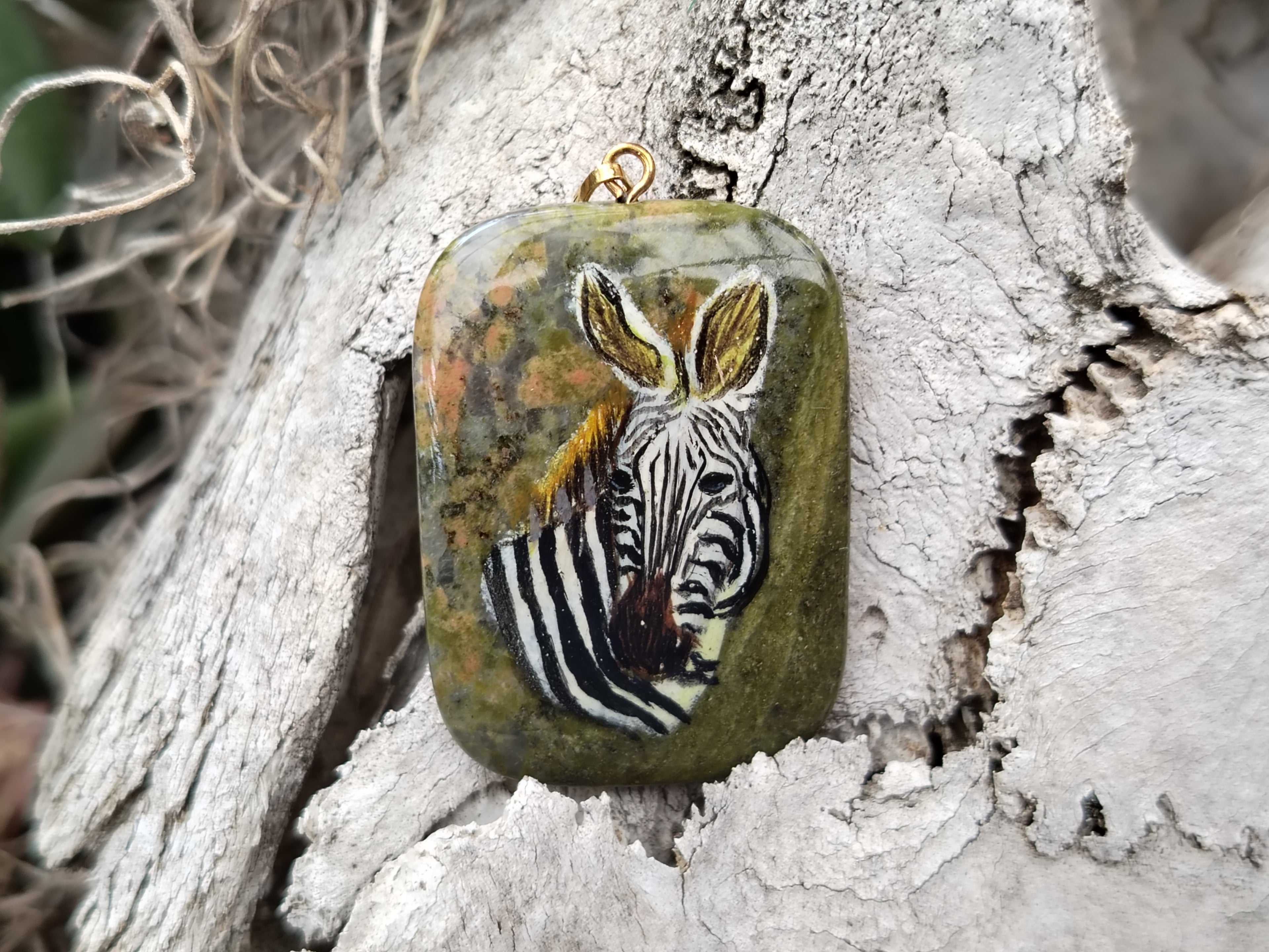Polished Unakite Pendant with Hand Painted Zebra - Sold Per Item - From South Africa - Toprock Gemstones and Minerals 