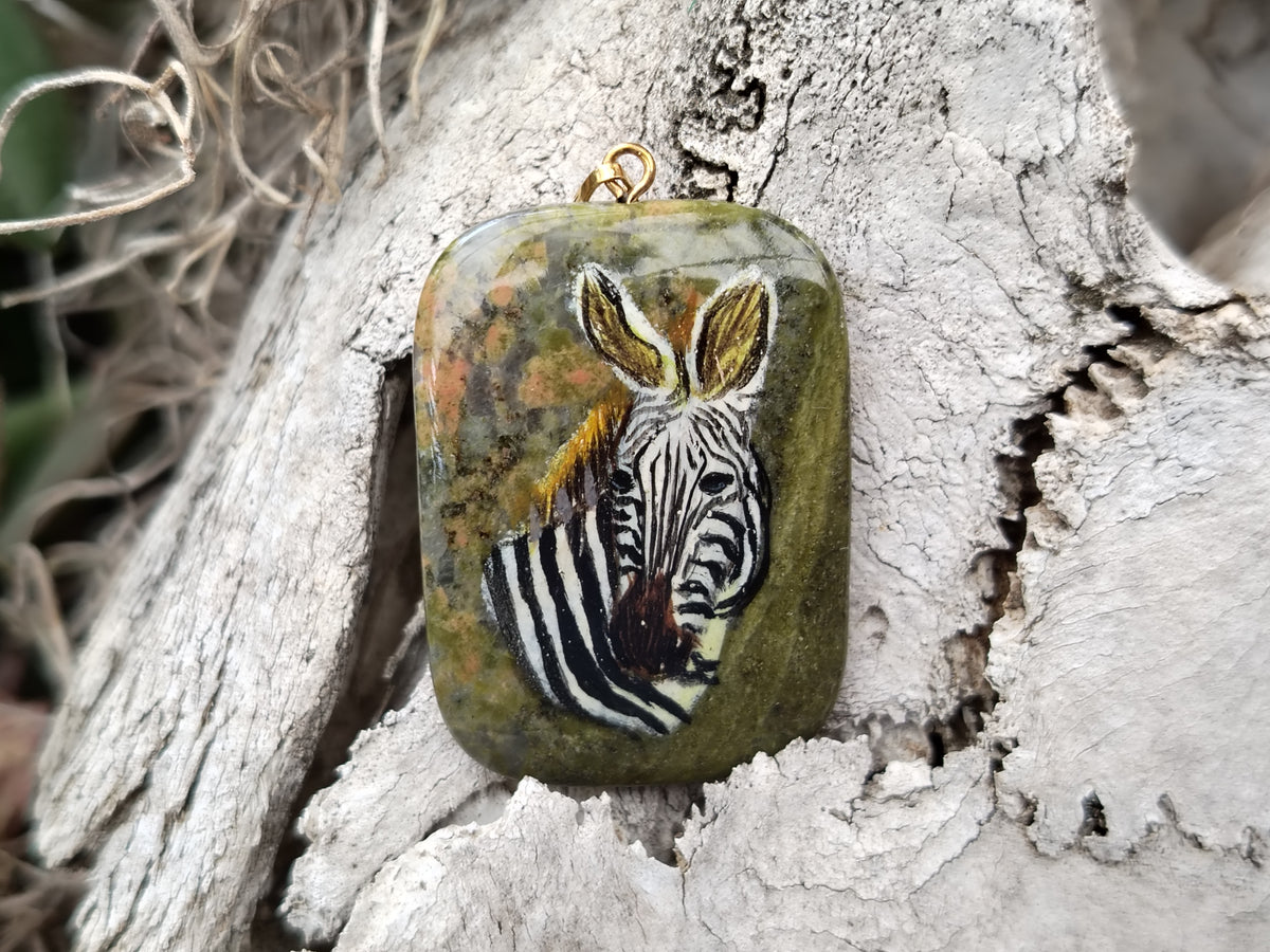 Polished Unakite Pendant with Hand Painted Zebra - Sold Per Item - From South Africa - Toprock Gemstones and Minerals 
